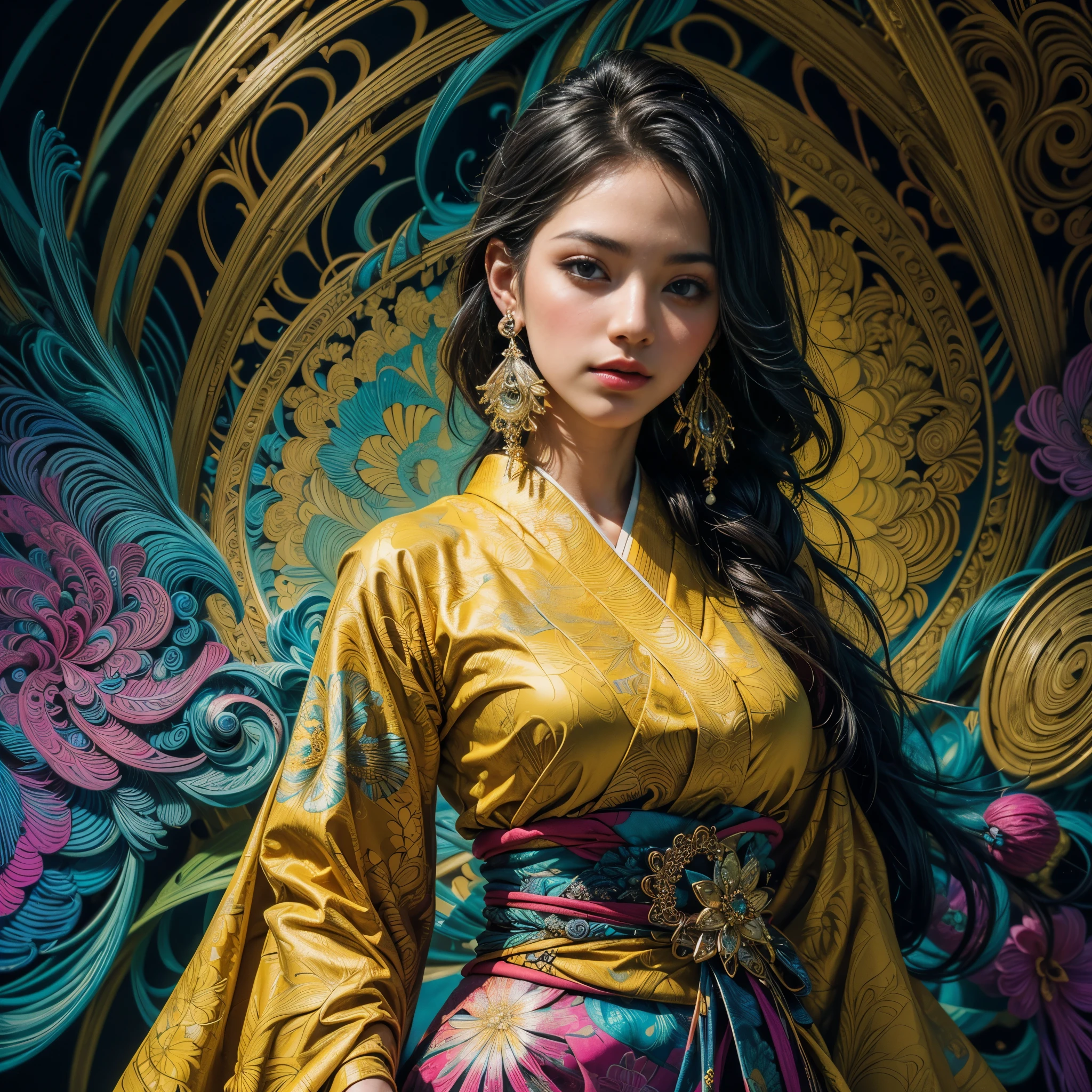 (masterpiece, top quality, best quality, official art, beautiful and aesthetic:1.2), (1girl:1.3), extremely detailed,(fractal art:1.1),(colorful:1.1),highest detailed,(zentangle:1.2), (dynamic pose), (abstract background:1.5), (japanese dress:1.2), (shiny skin), (many colors:1.4), ,(earrings:1.4),