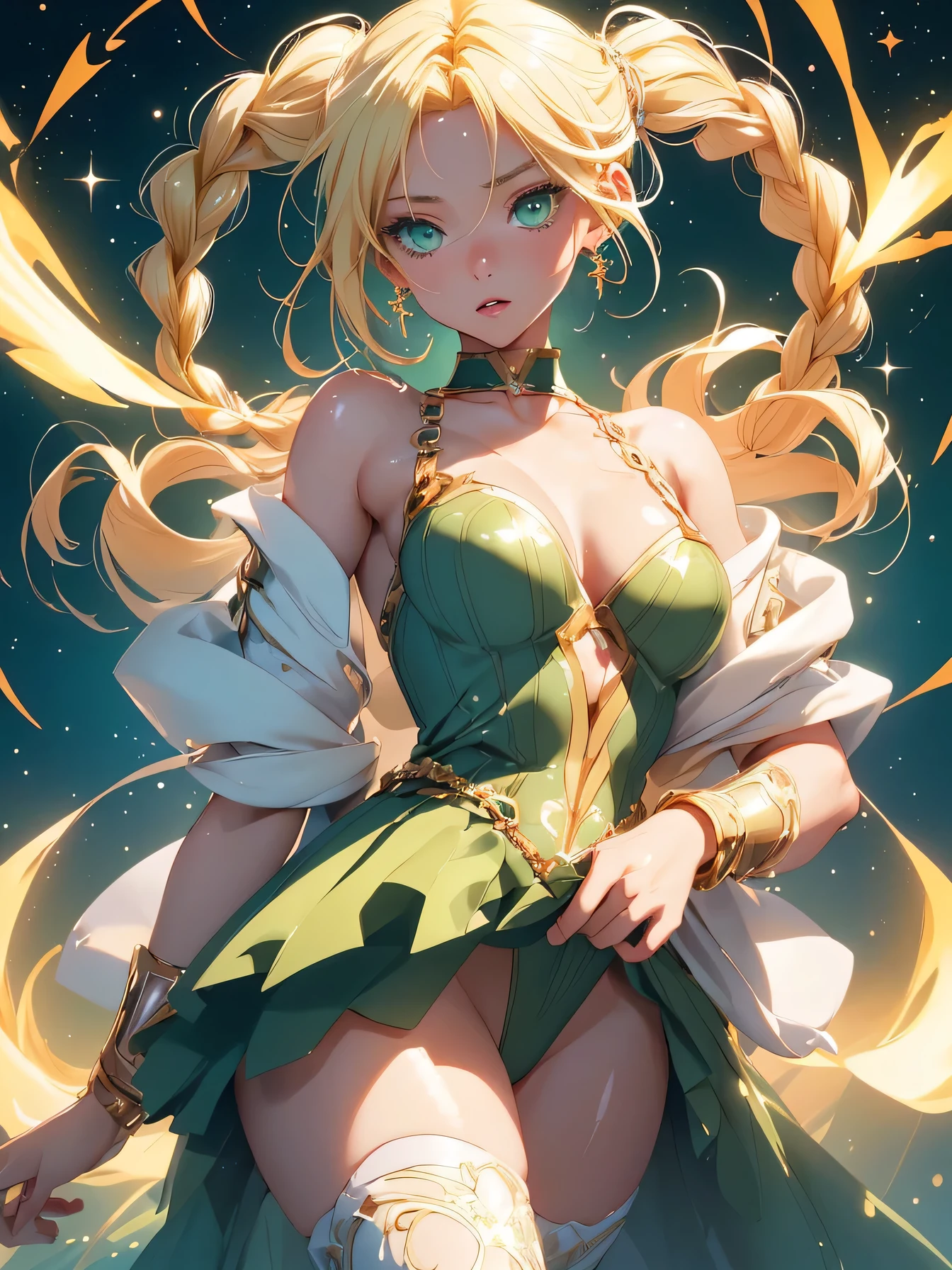 nsfw:1.1, high resolution:1.7, incredibly absurdres, kawaii:1, cute:1.5, hires.fix, anime visual:1, incredibly fine illustration,8k,masterpiece:1.2,best quality, high quality, exquisite, beautiful, insanely detailed, intricate detailed, extremely detailed, Super Definition, ultra high res, Super Resolution, best aesthetic, ultra detailed:1.5, best quality, perfect face, detailed face, masterpiece:1.2, illustration:1.2, 8k cg wallpaper, stunning art,absurdres,octane render,ultra hires,
Japanese Actress,(Idol),18yo,Beautiful,(Cute and lovely),cute girl,((anime elf with extremely cute and beautiful blonde hair)),((((blonde hair:1.35,blonde single braid,colored inner hair,ear breathing)))),(((green_eyes:1.3))),intricate eyes,beautiful detailed eyes,symmetrical eyes,big eyes:1.5,enchanting bright eyes studded with gold and silver dust,(((pinky skin,glowing_skin,lustrous skin:1.5,bright skin: 1.5,skin tanned,shiny skin,very shiny skin,shiny body,plastic glitter skin,exaggerated shiny skin,illuminated skin))),upward breasts,waist slender,(detailed body,(detailed face)),cute,daring,zettai ryouiki,show skin,best relationship with four fingers and one thumb,Very Fine Face and Eyes,Very Fine Hair,(Perfect Anatomy),((girl trembling with sexual climax)),Garter Belt,Bare shoulders,((Check out our thru-rack chokers and midi rings with chains,Amidst a cosmic battle, an interstellar warrior girl in cosmic combat armor fought against extraterrestrial adversaries with a blend of technology and martial arts, her bravery shining through