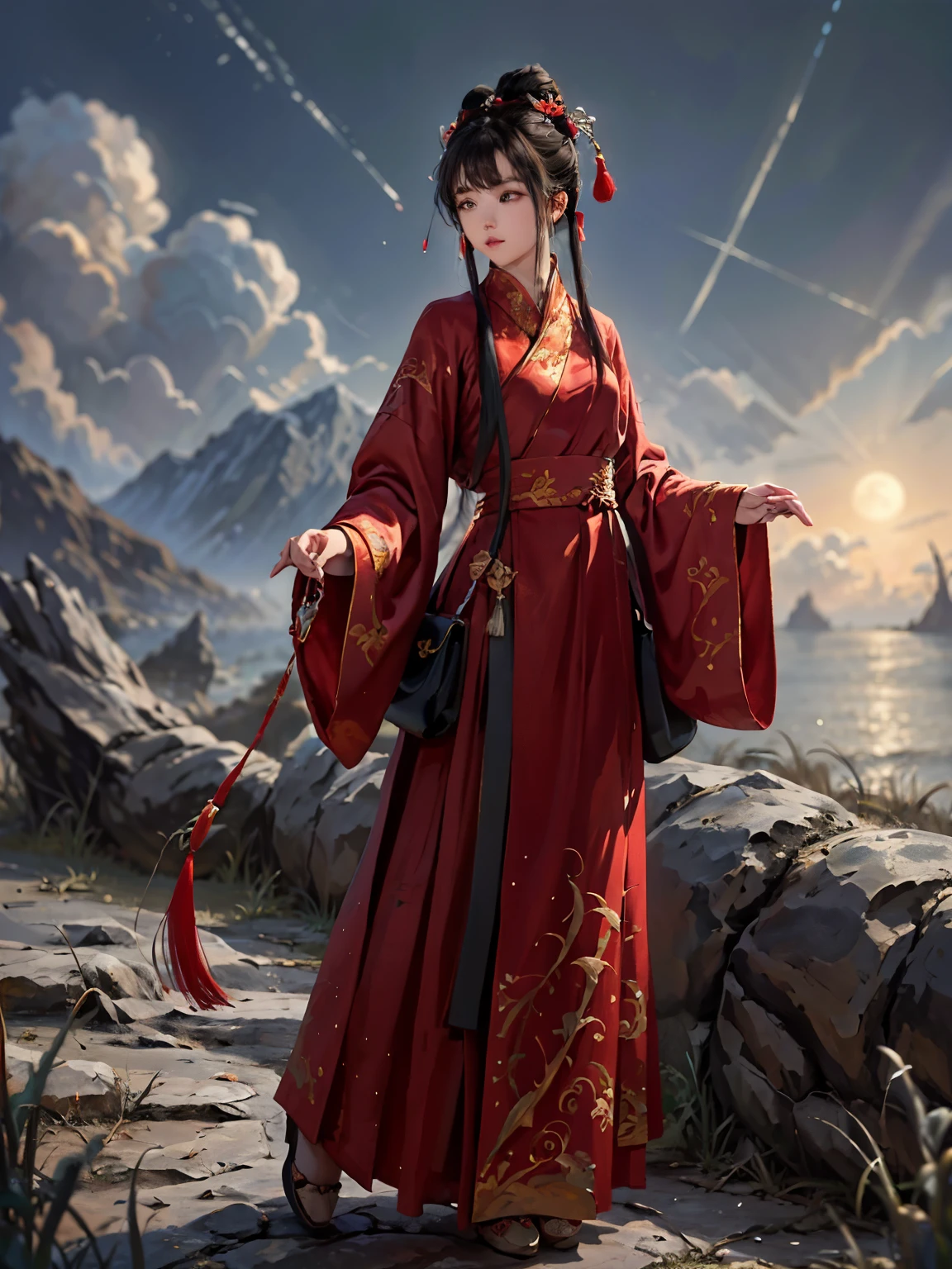 Ridiculous, high resolution, Super detailed, (1 girl:1.3), Hand Painted, simple lines, **************** wearing red Chinese Hanfu , masterpiece, standing on the cliff, moonlight, at night,colorful，partially underwater