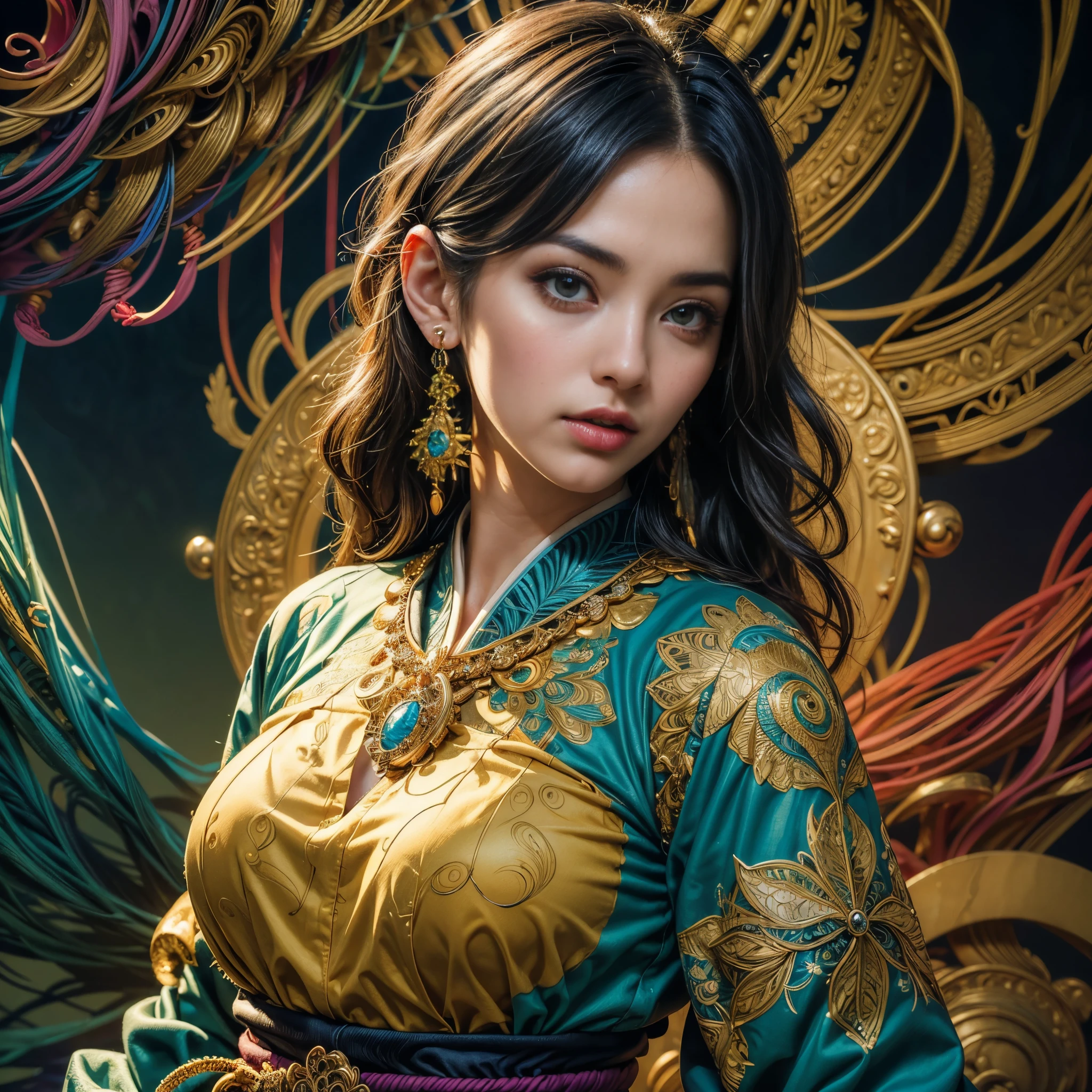 (masterpiece, top quality, best quality, official art, beautiful and aesthetic:1.2), (1girl:1.3), extremely detailed,(fractal art:1.1),(colorful:1.1),highest detailed,(zentangle:1.2), (dynamic pose), (abstract background:1.5), (japanese dress:1.2), (shiny skin), (many colors:1.4), ,(earrings:1.4),
