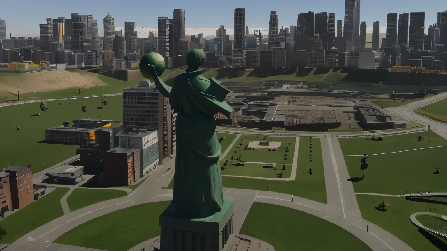 there is a statue of a woman holding a globe in a city, defending the vast looming city, orbit soviet city, liberty statue sitdown pose, communist city, city in backround, large city, entire city in view, highly realistically detailed, huge city, with a city in the background, statue, surrounding the city, detailed city