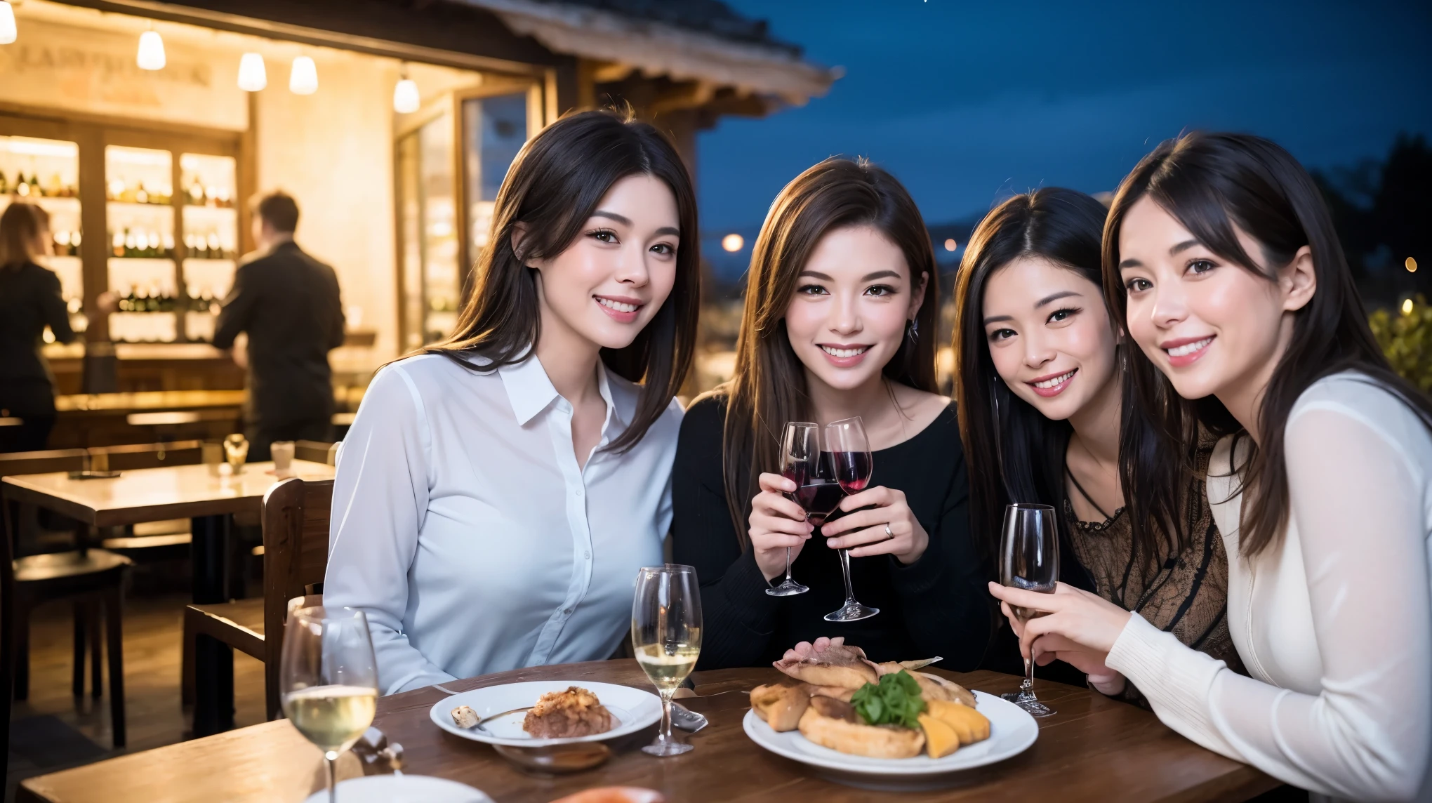 64k, Hmm, highest quality, masterpiece: 1.2), (realistic, photorealistic: 1.37), Super detailed, celebration party、beauty、Charm、beautiful mature woman、3 women who love wine、three men、Champagne、sparkling wine、winter night、restaurantでワイン宴会、(slimな男女4名),(Wine party for 5 people)、(slimフェイス),Happy、 最高なsmile、Fox face、Raccoon face、Berry Short、(because I'thin), (brown hair), (shortcut), long sleeve shirt、winter fashion、Columbia、Brazilian、Japanese、Dutch、German、Portuguese、Belgian、Italian、French, (squirt), (slimボティ), (brown hair), (shortcut), 端正なbeauty、cheeks turn a little red, (41 years old), 38 years old, 35 years old、32 years old、 43 years old、A beautiful and detailed night view spreads out outside the window......., restaurant, wine glassが座っている, At night, in a prominent place (from the Upper body) nova frog style, actress, model, Upper body, White wine, slim, wine glass, Very beautiful night view, wine glass Put in the Middle, Happy smile, (smile: 1.15),