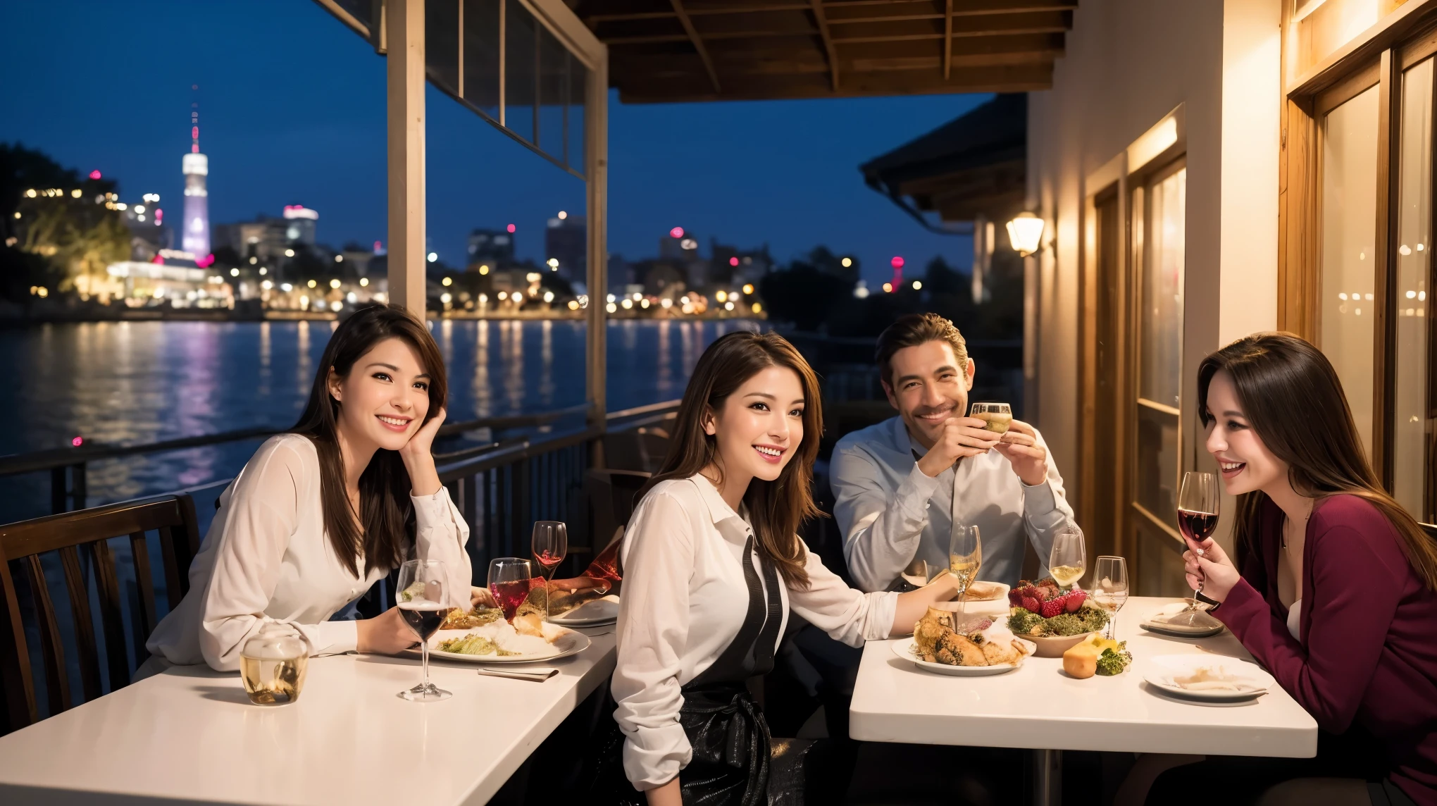 64k, Hmm, highest quality, masterpiece: 1.2), (realistic, photorealistic: 1.37), Super detailed, celebration party、beauty、Charm、beautiful mature woman、3 women who love wine、three men、Champagne、sparkling wine、winter night、restaurantでワイン宴会、(slimな男女4名),(Wine party for 5 people)、(slimフェイス),Happy、 最高なsmile、Fox face、Raccoon face、Berry Short、(because I'thin), (brown hair), (shortcut), long sleeve shirt、winter fashion、Columbia、Brazilian、Japanese、Dutch、German、Portuguese、Belgian、Italian、French, (squirt), (slimボティ), (brown hair), (shortcut), 端正なbeauty、cheeks turn a little red, (41 years old), 38 years old, 35 years old、32 years old、 43 years old、A beautiful and detailed night view spreads out outside the window......., restaurant, wine glassが座っている, At night, in a prominent place (from the Upper body) nova frog style, actress, model, Upper body, White wine, slim, wine glass, Very beautiful night view, wine glass Put in the Middle, Happy smile, (smile: 1.15),