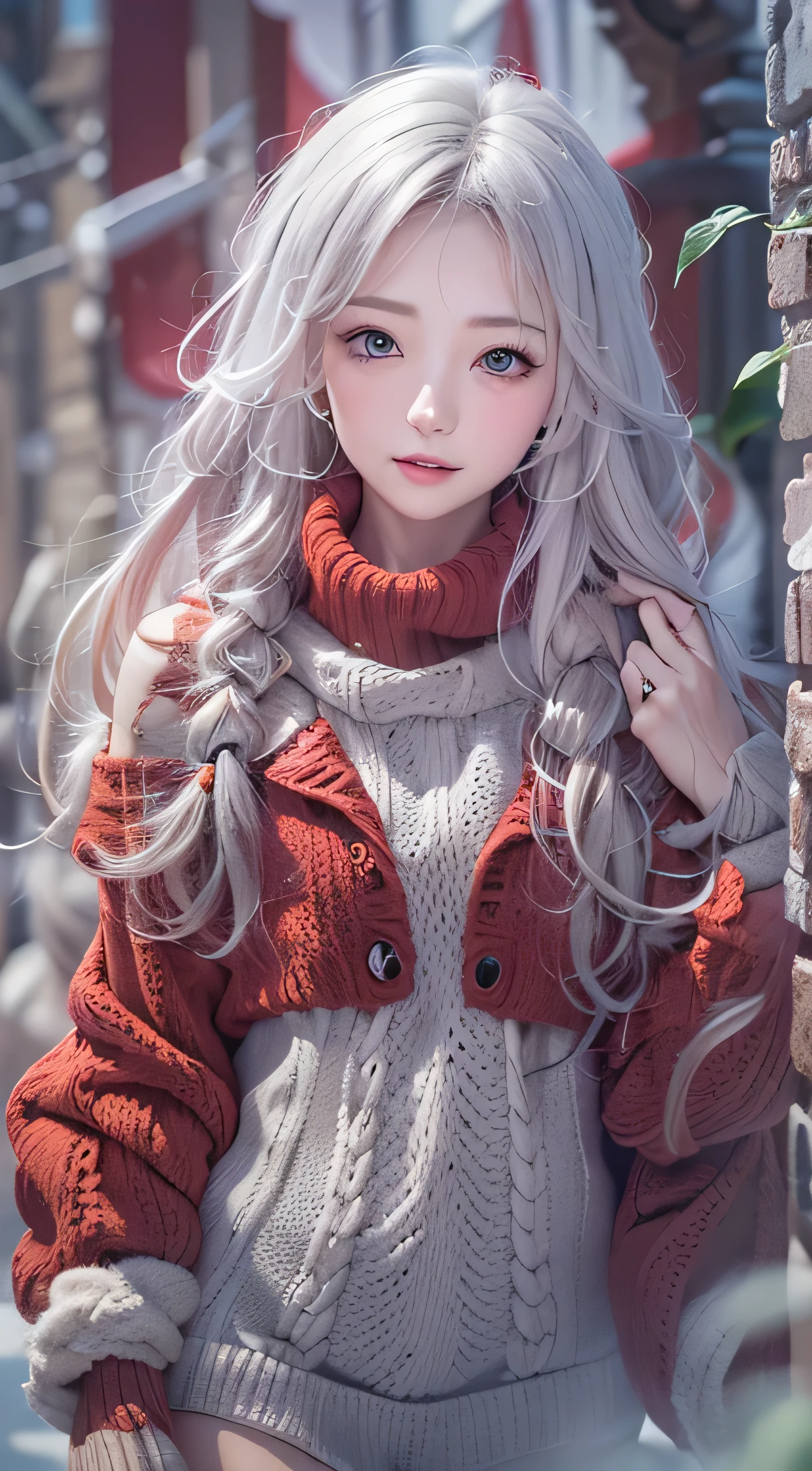 in the snowy forest, Japanese college girl, red winter knit sweater, thick red cracks, eyes shine, long silver hair, written boundary depth, f/1.8, anatomically correct, rough skin, Super detailed, advanced details, high quality, Super detailed, advanced details, high quality, 最high quality, High resolution