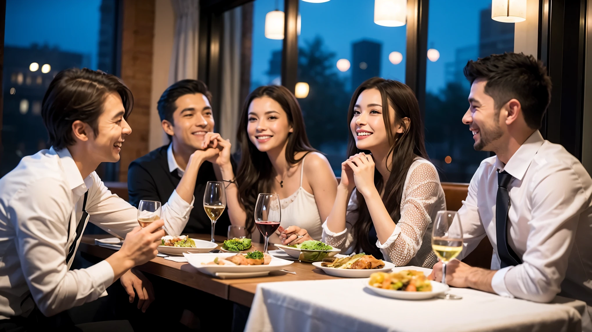 64k, Hmm, highest quality, masterpiece: 1.2), (realistic, photorealistic: 1.37), Super detailed, celebration party、beauty、Charm、beautiful mature woman、3 women who love wine、three men、Champagne、sparkling wine、winter night、restaurantでワイン宴会、(slimな男女4名),(Wine party for 5 people)、(slimフェイス),Happy、 最高なsmile、Fox face、Raccoon face、Berry Short、(because I'thin), (brown hair), (shortcut), long sleeve shirt、winter fashion、Columbia、Brazilian、Japanese、Dutch、German、Portuguese、Belgian、Italian、French, (squirt), (slimボティ), (brown hair), (shortcut), 端正なbeauty、cheeks turn a little red, (41 years old), 38 years old, 35 years old、32 years old、 43 years old、A beautiful and detailed night view spreads out outside the window......., restaurant, wine glassが座っている, At night, in a prominent place (from the Upper body) nova frog style, actress, model, Upper body, White wine, slim, wine glass, Very beautiful night view, wine glass Put in the Middle, Happy smile, (smile: 1.15),