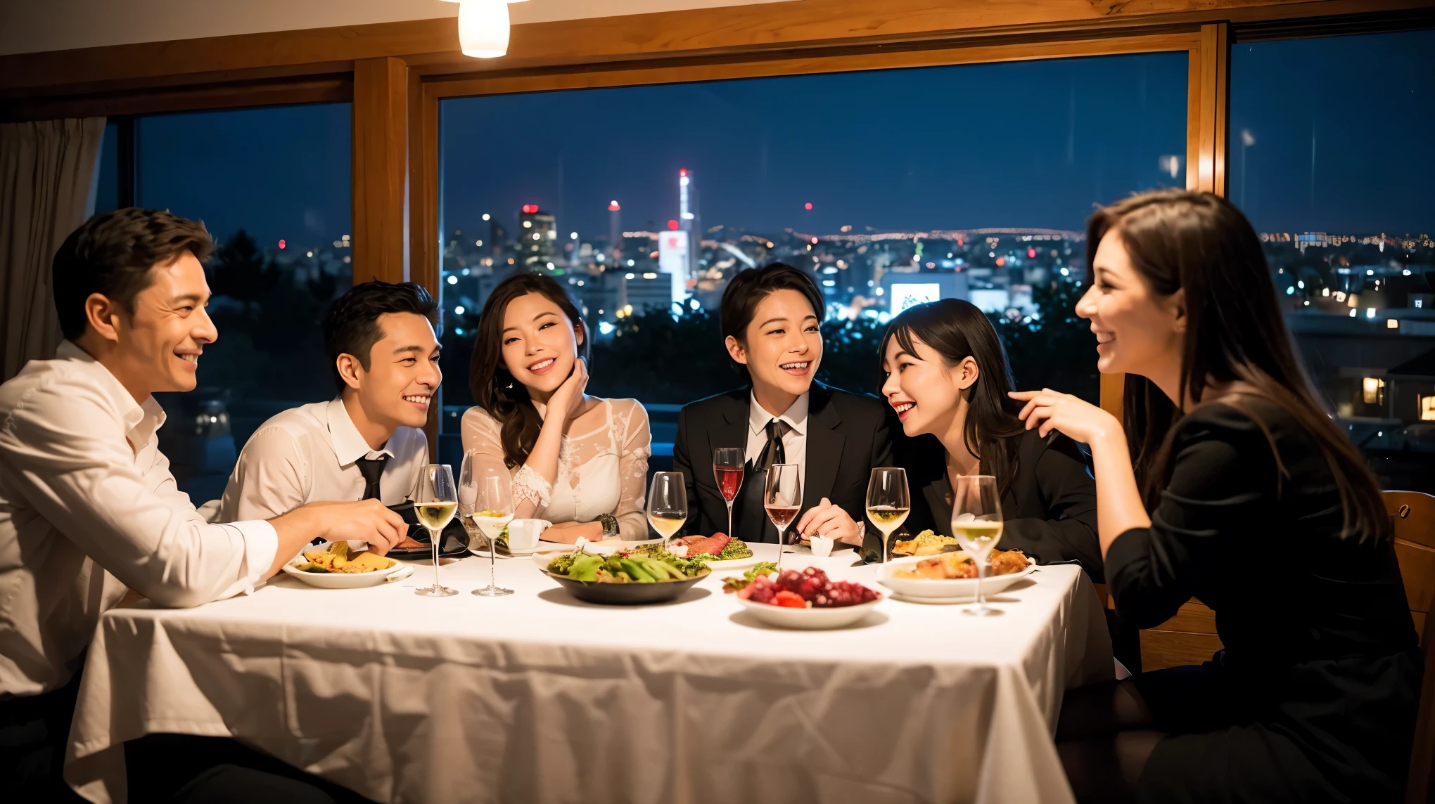 64k, Hmm, highest quality, masterpiece: 1.2), (realistic, photorealistic: 1.37), Super detailed, celebration party、beauty、Charm、beautiful mature woman、3 women who love wine、three men、Champagne、sparkling wine、winter night、restaurantでワイン宴会、(slimな男女4名),(Wine party for 5 people)、(slimフェイス),Happy、 最高なsmile、Fox face、Raccoon face、Berry Short、(because I'thin), (brown hair), (shortcut), long sleeve shirt、winter fashion、Columbia、Brazilian、Japanese、Dutch、German、Portuguese、Belgian、Italian、French, (squirt), (slimボティ), (brown hair), (shortcut), 端正なbeauty、cheeks turn a little red, (41 years old), 38 years old, 35 years old、32 years old、 43 years old、A beautiful and detailed night view spreads out outside the window......., restaurant, wine glassが座っている, At night, in a prominent place (from the Upper body) nova frog style, actress, model, Upper body, White wine, slim, wine glass, Very beautiful night view, wine glass Put in the Middle, Happy smile, (smile: 1.15),