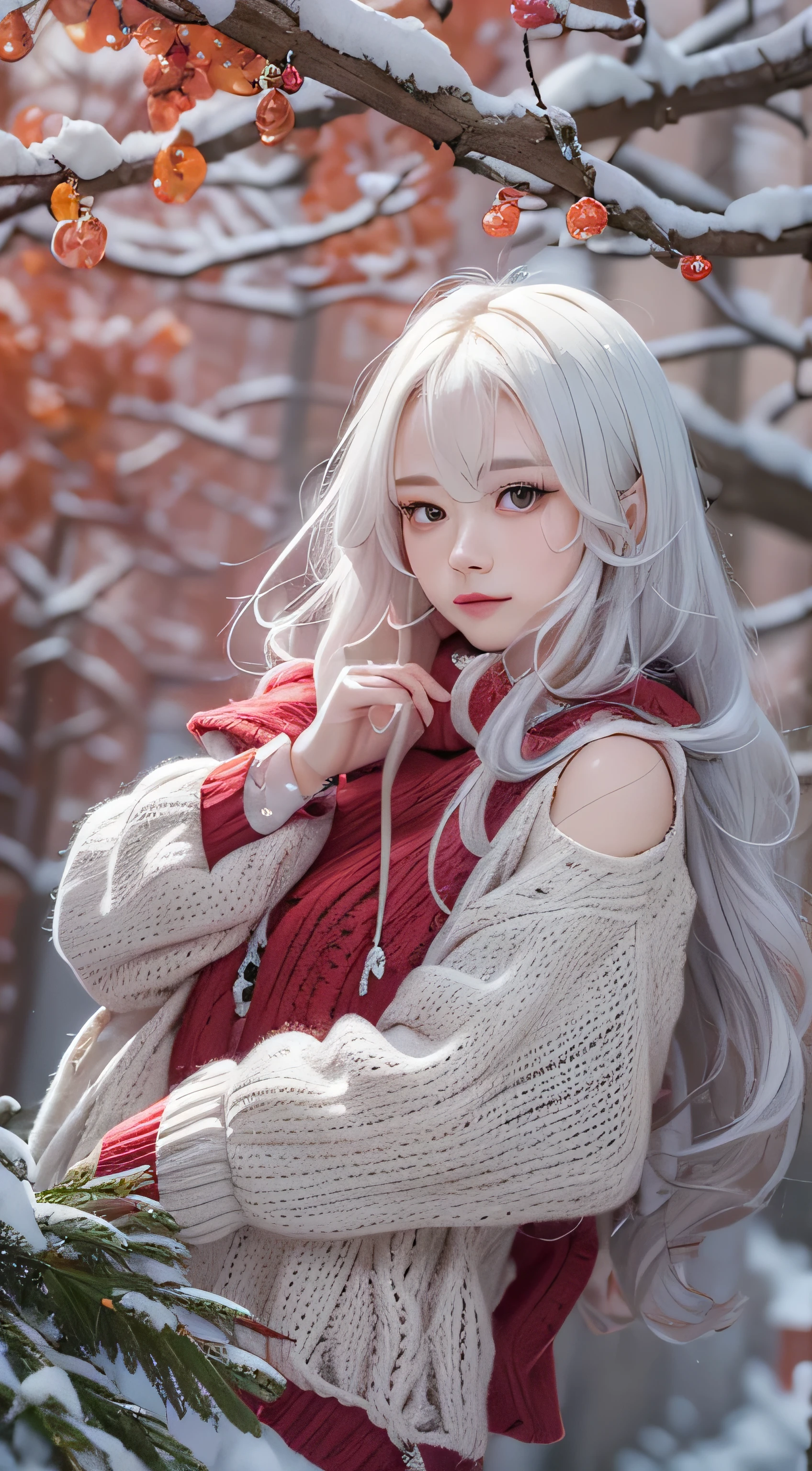 in the snowy forest, Japanese college girl, red winter knit sweater, thick red cracks, eyes shine, long silver hair, written boundary depth, f/1.8, anatomically correct, rough skin, Super detailed, advanced details, high quality, Super detailed, advanced details, high quality, 最high quality, High resolution