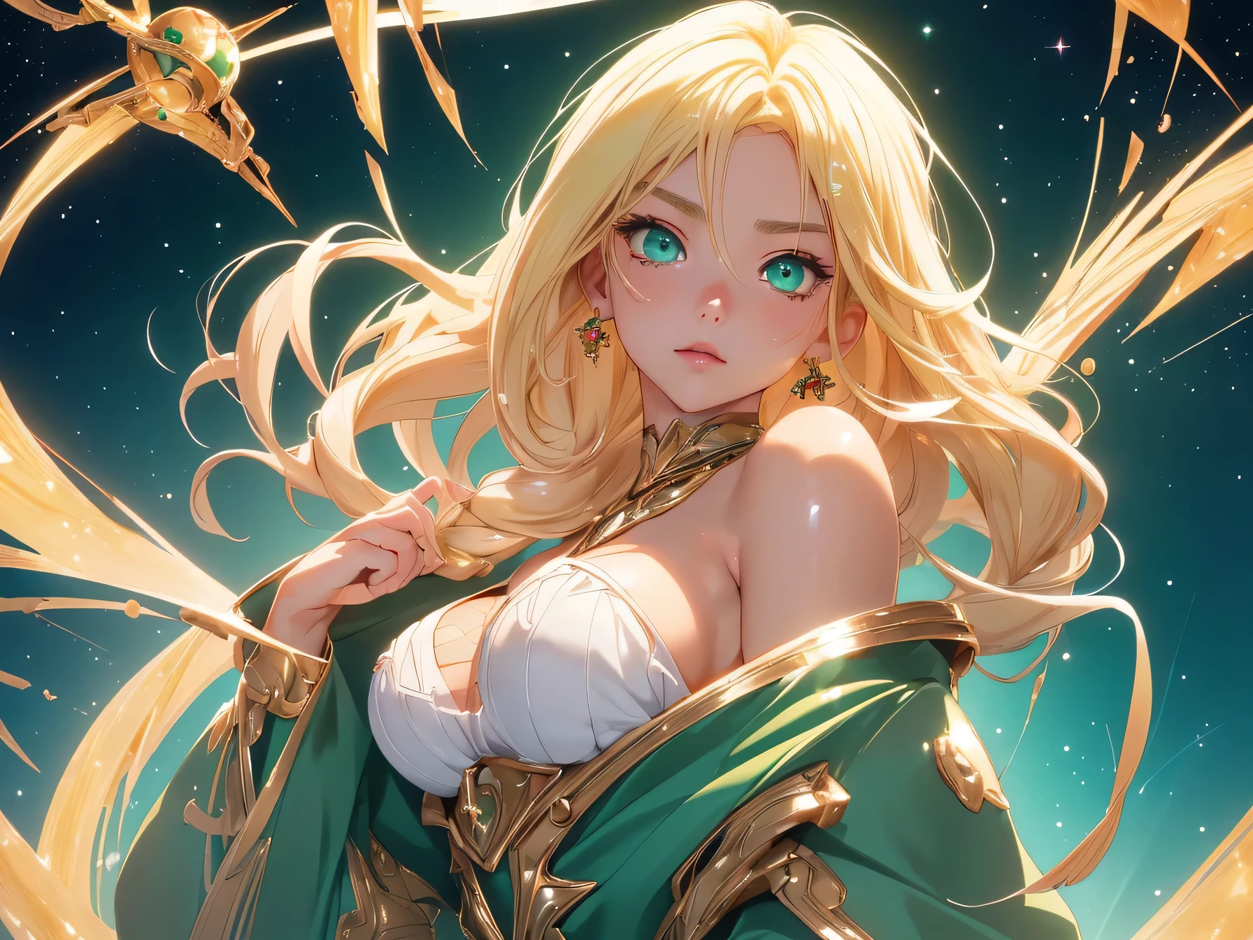 nsfw:1.1, high resolution:1.7, incredibly absurdres, kawaii:1, cute:1.5, hires.fix, anime visual:1, incredibly fine illustration,8k,masterpiece:1.2,best quality, high quality, exquisite, beautiful, insanely detailed, intricate detailed, extremely detailed, Super Definition, ultra high res, Super Resolution, best aesthetic, ultra detailed:1.5, best quality, perfect face, detailed face, masterpiece:1.2, illustration:1.2, 8k cg wallpaper, stunning art,absurdres,octane render,ultra hires, 
Japanese Actress,(Idol),18yo,Beautiful,(Cute and lovely),cute girl,((anime elf with extremely cute and beautiful blonde hair)),((((blonde hair:1.35,blonde single braid,colored inner hair,ear breathing)))),(((green_eyes:1.3))),intricate eyes,beautiful detailed eyes,symmetrical eyes,big eyes:1.5,enchanting bright eyes studded with gold and silver dust,(((pinky skin,glowing_skin,lustrous skin:1.5,bright skin: 1.5,skin tanned,shiny skin,very shiny skin,shiny body,plastic glitter skin,exaggerated shiny skin,illuminated skin))),upward breasts,waist slender,(detailed body,(detailed face)),cute,daring,zettai ryouiki,show skin,best relationship with four fingers and one thumb,Very Fine Face and Eyes,Very Fine Hair,(Perfect Anatomy),((girl trembling with sexual climax)),Garter Belt,Bare shoulders,((Check out our thru-rack chokers and midi rings with chains,Amidst a cosmic battle, an interstellar warrior girl in cosmic combat armor fought against extraterrestrial adversaries with a blend of technology and martial arts, her bravery shining through