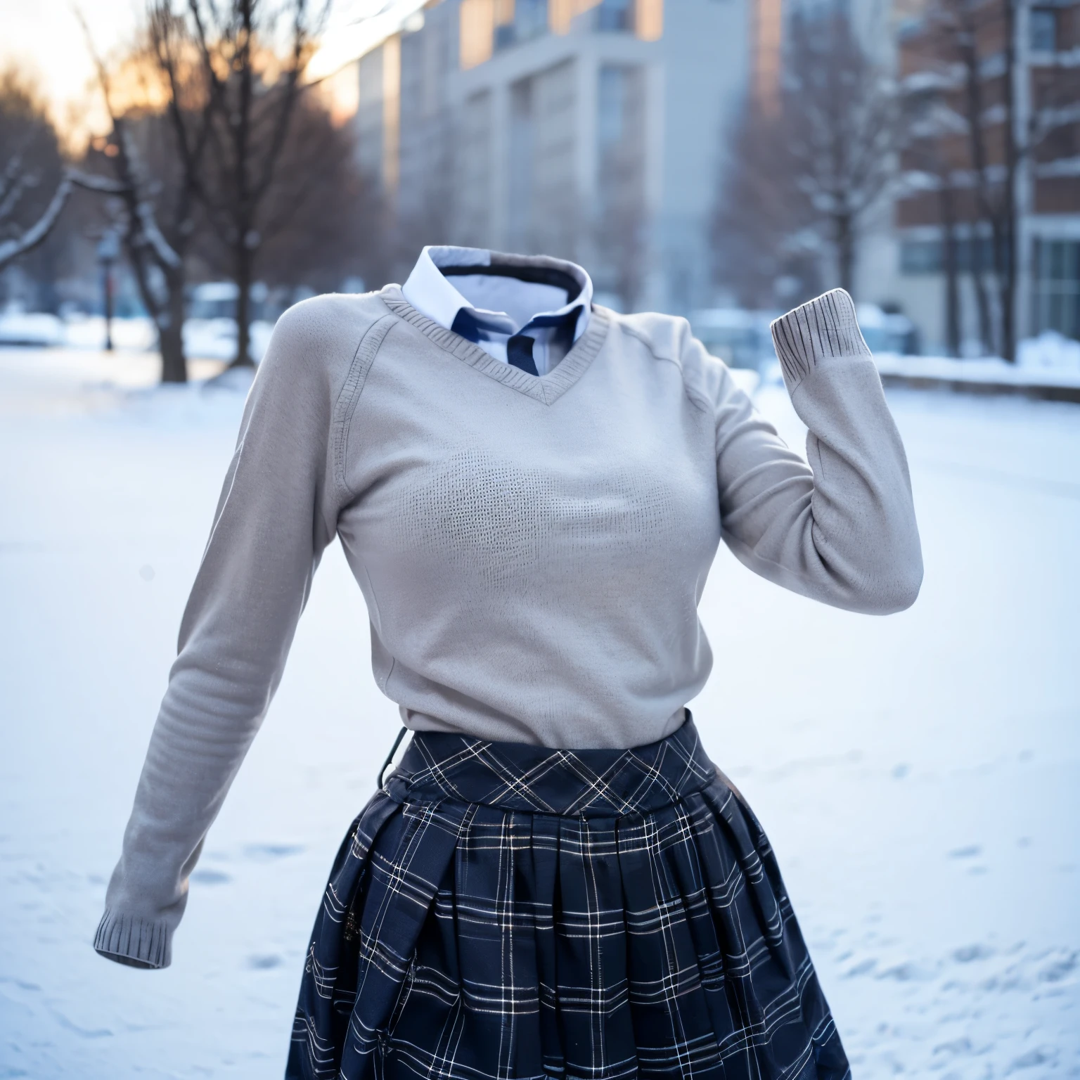sweater, school uniform, in winter, stripe tie, plaid skirt, (invisible, no humans, headless, faceless:1.5), cute big breasts