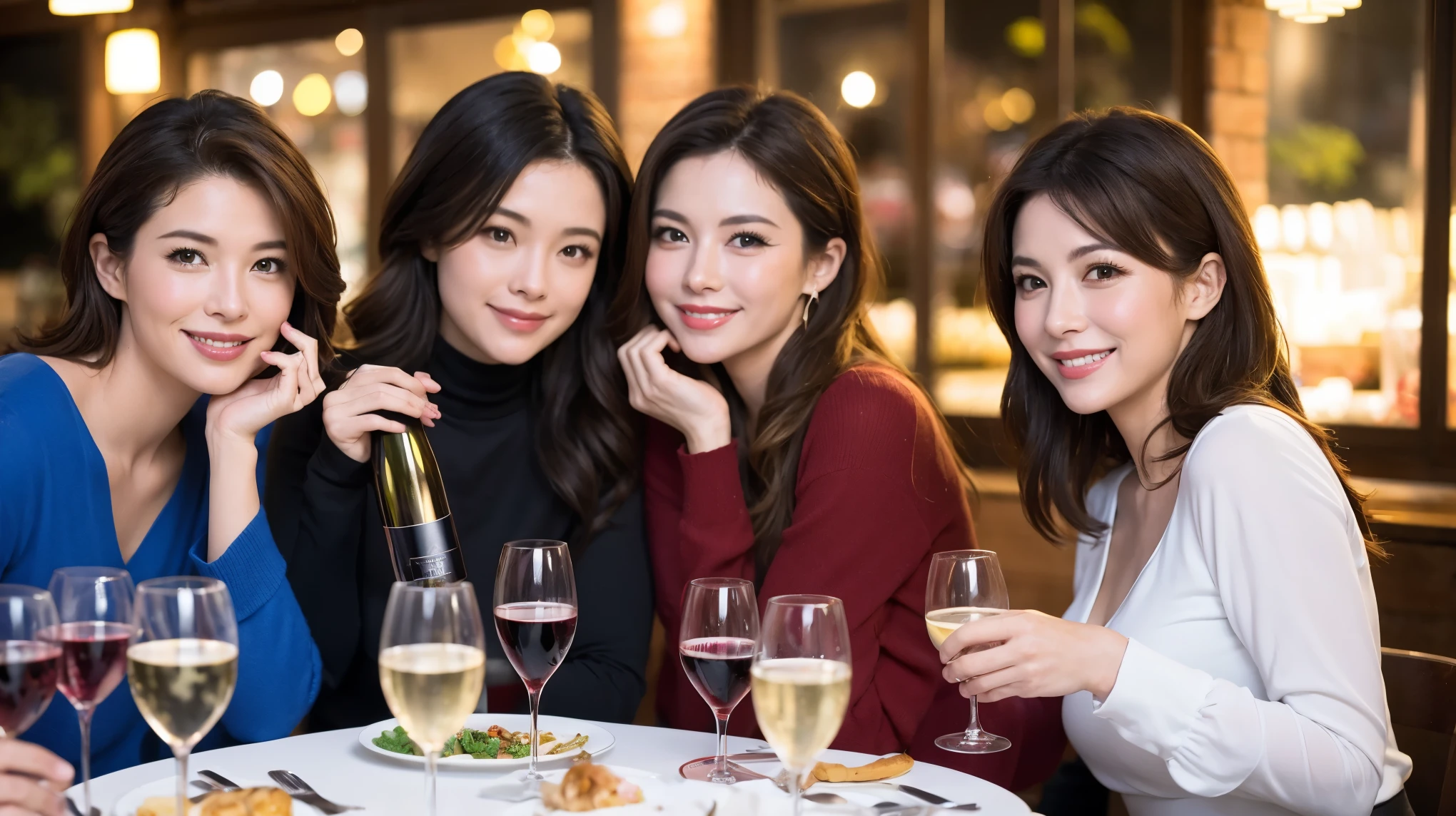 64k, Hmm, highest quality, masterpiece: 1.2), (realistic, photorealistic: 1.37), Super detailed, celebration party、beauty、Charm、beautiful mature woman、3 women who love wine、three men、Champagne、sparkling wine、winter night、restaurantでワイン宴会、(slimな男女4名),(Wine party for 5 people)、(slimフェイス),Happy、 最高なsmile、Fox face、Raccoon face、Berry Short、(because I&#39;thin), (brown hair), (shortcut), long sleeve shirt、winter fashion、Columbia、Brazilian、Japanese、Dutch、German、Portuguese、Belgian、Italian、French, (squirt), (slimボティ), (brown hair), (shortcut), 端正なbeauty、cheeks turn a little red, (41 years old), 38 years old, 35 years old、32 years old、 43 years old、A beautiful and detailed night view spreads out outside the window......., restaurant, wine glassが座っている, At night, in a prominent place (from the Upper body) nova frog style, actress, model, Upper body, White wine, slim, wine glass, Very beautiful night view, wine glass Put in the Middle, Happy smile, (smile: 1.15), 