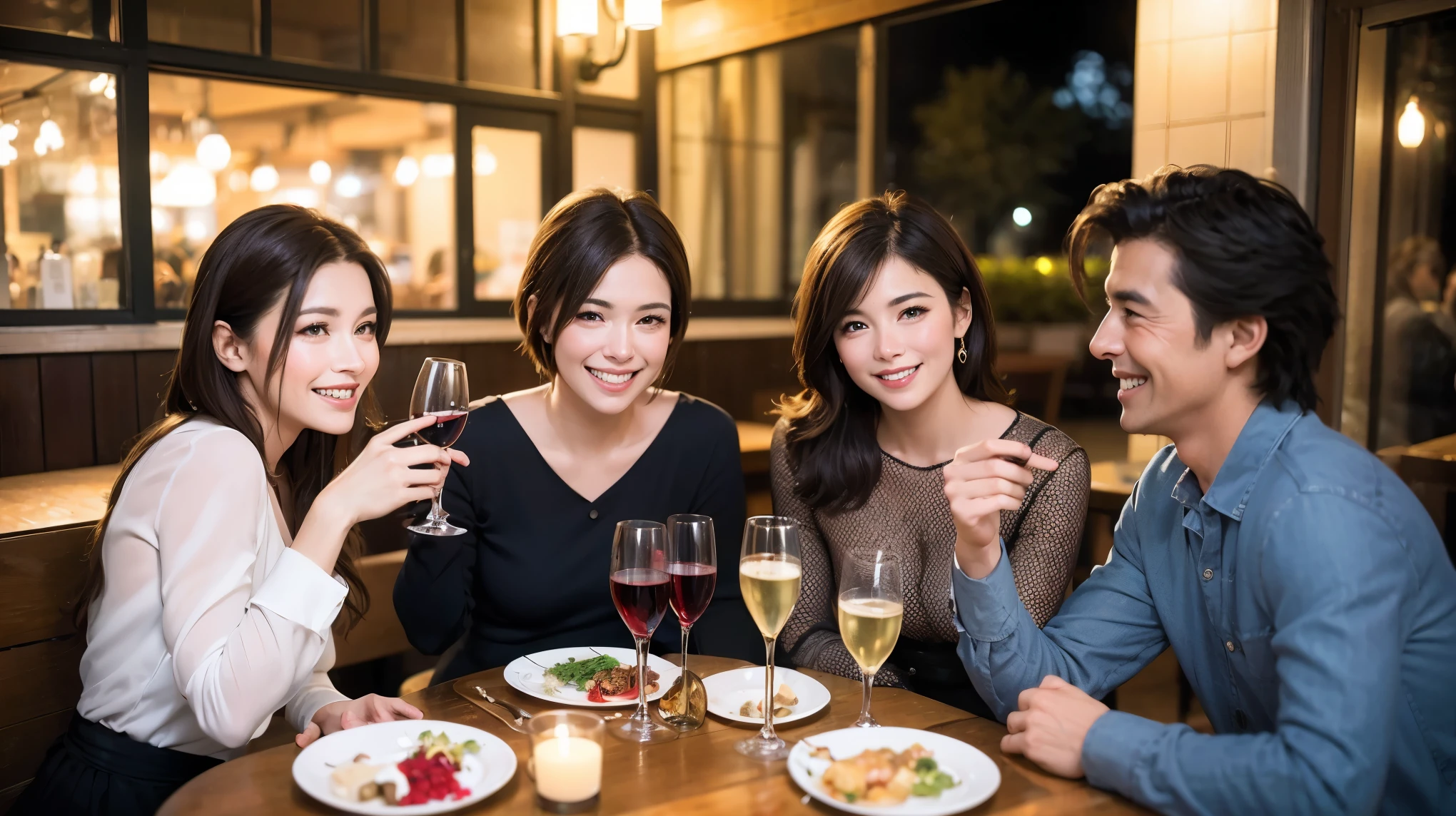 64k, Hmm, highest quality, masterpiece: 1.2), (realistic, photorealistic: 1.37), Super detailed, celebration party、beauty、Charm、beautiful mature woman、3 women who love wine、three men、Champagne、sparkling wine、winter night、restaurantでワイン宴会、(slimな男女4名),(Wine party for 5 people)、(slimフェイス),Happy、 最高なsmile、Fox face、Raccoon face、Berry Short、(because I'thin), (brown hair), (shortcut), long sleeve shirt、winter fashion、Columbia、Brazilian、Japanese、Dutch、German、Portuguese、Belgian、Italian、French, (squirt), (slimボティ), (brown hair), (shortcut), 端正なbeauty、cheeks turn a little red, (41 years old), 38 years old, 35 years old、32 years old、 43 years old、A beautiful and detailed night view spreads out outside the window......., restaurant, wine glassが座っている, At night, in a prominent place (from the Upper body) nova frog style, actress, model, Upper body, White wine, slim, wine glass, Very beautiful night view, wine glass Put in the Middle, Happy smile, (smile: 1.15),
