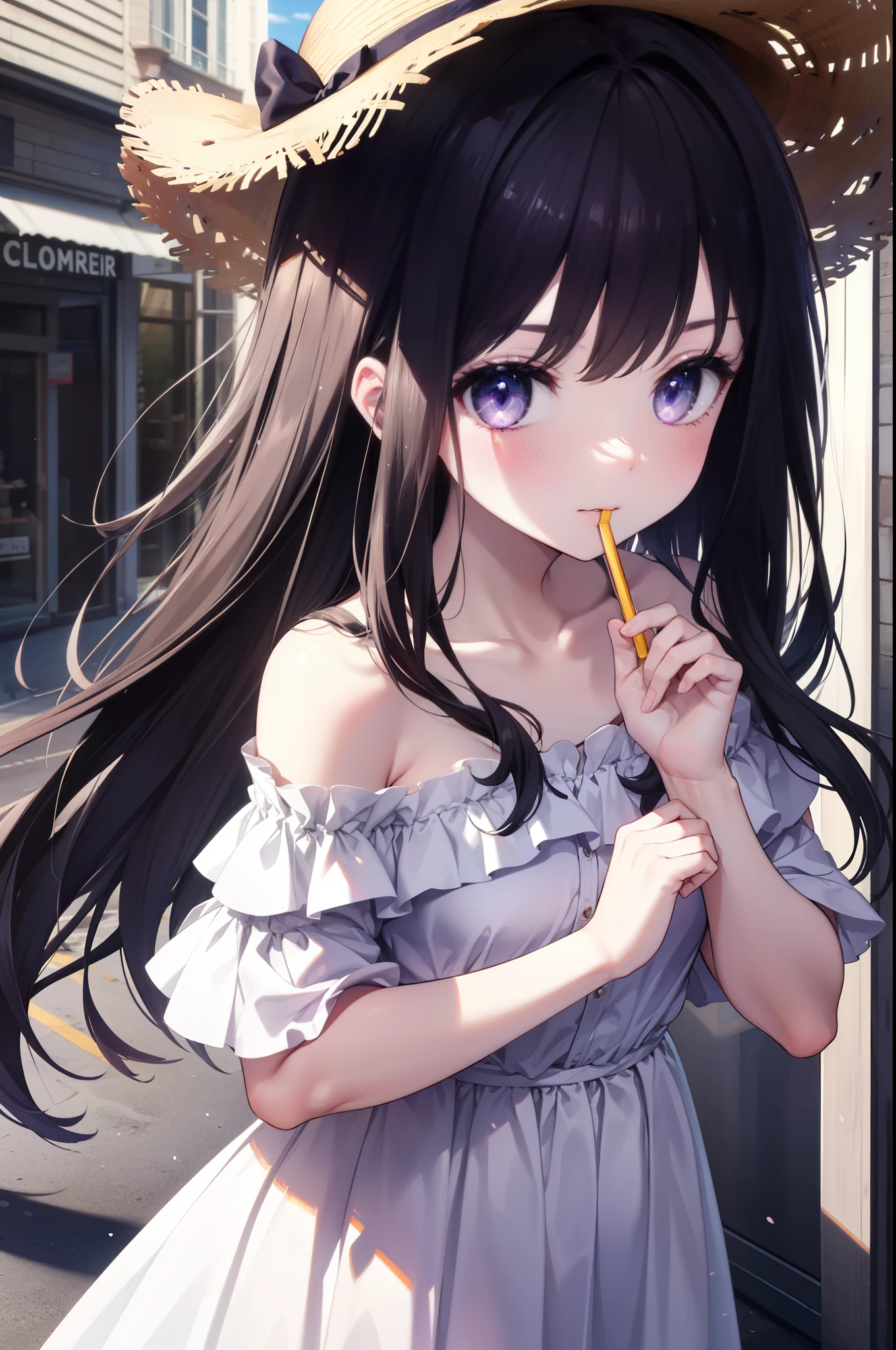 Takiuchi Kame, long hair, bangs, black hair, (purple eyes:1.2),Big straw hat,
white off shoulder dress,long skirt,heel sandals,walking,blush,blush,昼間
break outdoors,In town,building street, break looking at viewer, (cowboy shot:1. 5),
break (masterpiece:1.2), highest quality, High resolution, unity 8k wallpaper, (figure:0.8), (detailed and beautiful eyes:1.6), highly detailed face, perfect lighting, Very detailed CG, (perfect hands, perfect anatomy),