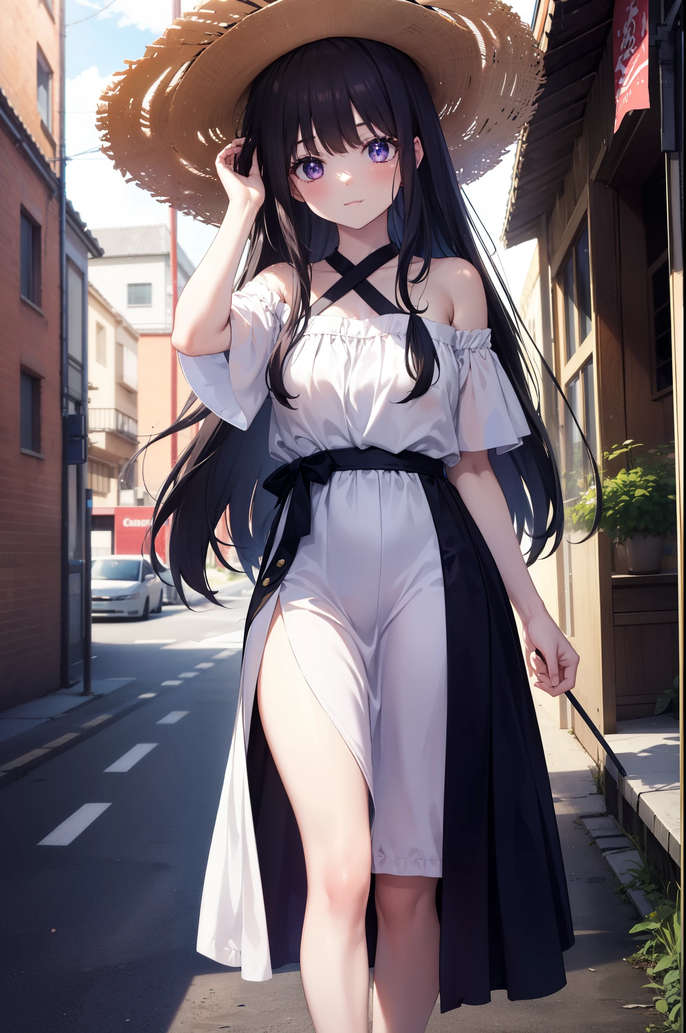 Takiuchi Kame, long hair, bangs, black hair, (purple eyes:1.2),Big straw hat,covered,
white off shoulder dress,long skirt,heel sandals,walking,blush,smile,昼間
break outdoors,In town,building street, break looking at viewer, (cowboy shot:1. 5),
break (masterpiece:1.2), highest quality, High resolution, unity 8k wallpaper, (figure:0.8), (detailed and beautiful eyes:1.6), highly detailed face, perfect lighting, Very detailed CG, (perfect hands, perfect anatomy),