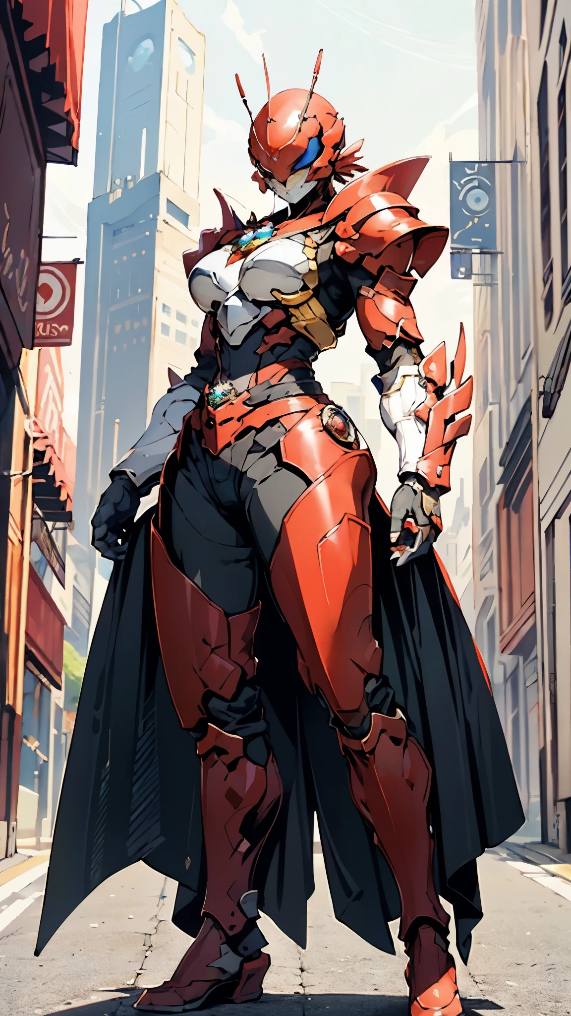 A woman adorned in fantasy-style full-body armor, a crown-concept fully enclosed helmet that unveils only her eyes, a composite layered chest plate, fully encompassing shoulder and hand guards, a lightweight waist armor, form-fitting shin guards, the overall design is heavy-duty yet flexible, (the armor gleams with a golden glow, complemented by red and blue accents), exhibiting a noble aura, she floats above a fantasy-surreal high-tech city, this character embodies a finely crafted fantasy-surreal style armored hero in anime style, exquisite and mature manga art style, (mixture of Queen bee and Spider concept Armor, plasma), ((Element, elegant, goddess, femminine:1.5)), metallic, high definition, best quality, highres, ultra-detailed, ultra-fine painting, extremely delicate, professional, anatomically correct, symmetrical face, extremely detailed eyes and face, high quality eyes, creativity, RAW photo, UHD, 32k, Natural light, cinematic lighting, masterpiece-anatomy-perfect, masterpiece:1.5