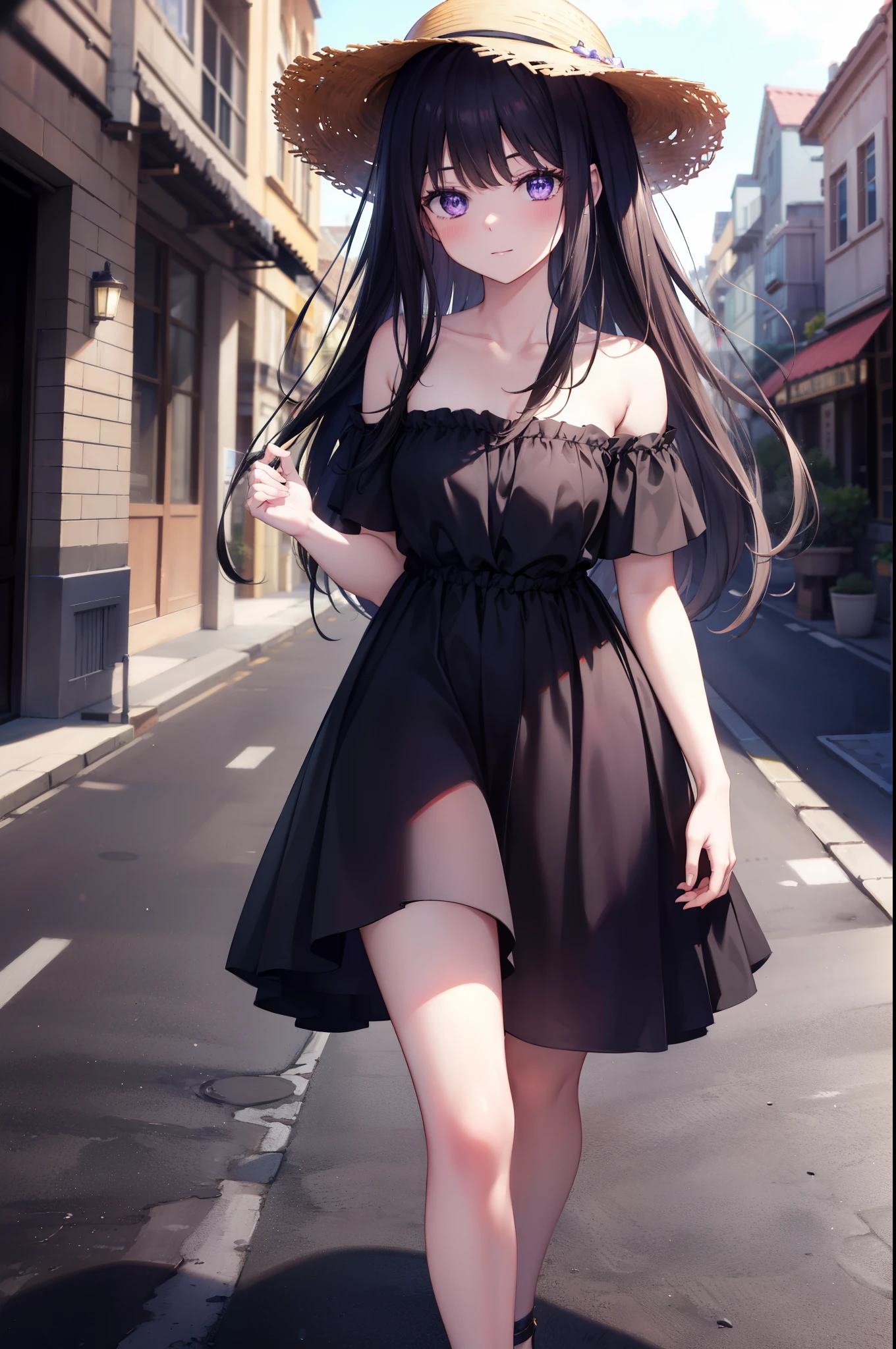 Takiuchi Kame, long hair, bangs, black hair, (purple eyes:1.2),Big straw hat,covered,
white off shoulder dress,long skirt,heel sandals,walking,blush,smile,昼間
break outdoors,In town,building street, break looking at viewer, (cowboy shot:1. 5),
break (masterpiece:1.2), highest quality, High resolution, unity 8k wallpaper, (figure:0.8), (detailed and beautiful eyes:1.6), highly detailed face, perfect lighting, Very detailed CG, (perfect hands, perfect anatomy),