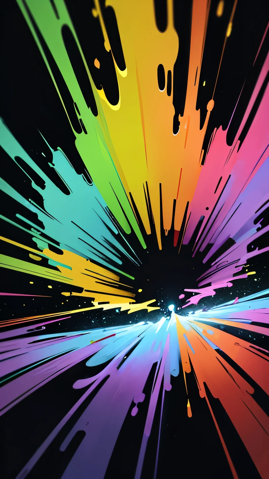 Top down view of spin fluid art painting exploding outwards from the middle, with Dark color background and glow-in-the-dark UV paints of Green, Red and Yellow in a Ultra violet lighting environment.