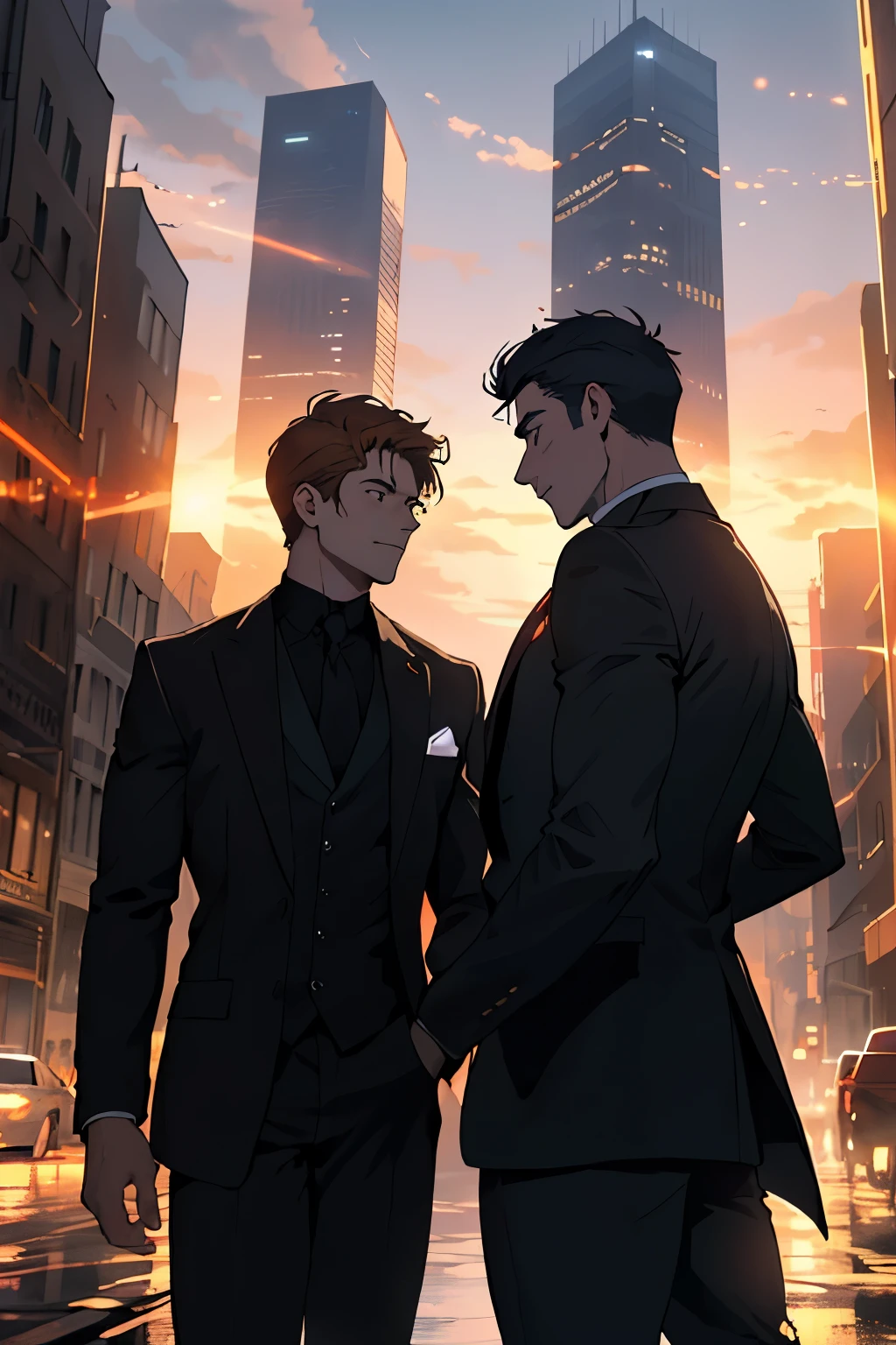 Draw a two young men hero, floating in the middle buildings surrounded by several people and sunset glowing with fiery auras. Dramatic lighting from distant sun and cars illuminates the scene, casting deep shadows on the suit. The two young men looks inlove, looking at the vast and mysterious city with wonder and respect, detailed, 8K, perfect facial, cowboy shot