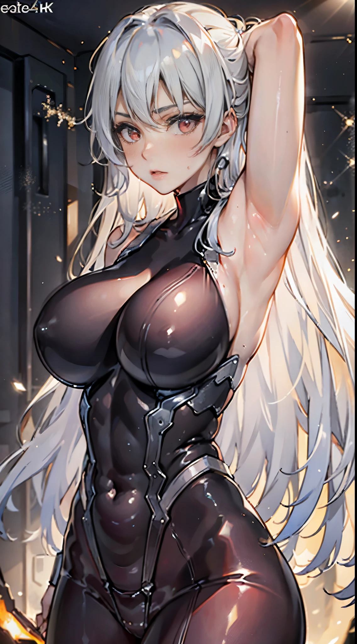 (best quality,4k,8k,highres,masterpiece:1.2),ultra-detailed,(realistic,photorealistic,photo-realistic:1.37),beautiful girl,long straight black hair,fit,
ultra-detailed armpit,beautiful detailed sweat pores,smooth skin texture,meticulously rendered,
(sleeveless black bodysuit, white armor, glowing red linings), (steamy armpits:1.2),
white hair, red eyes,
