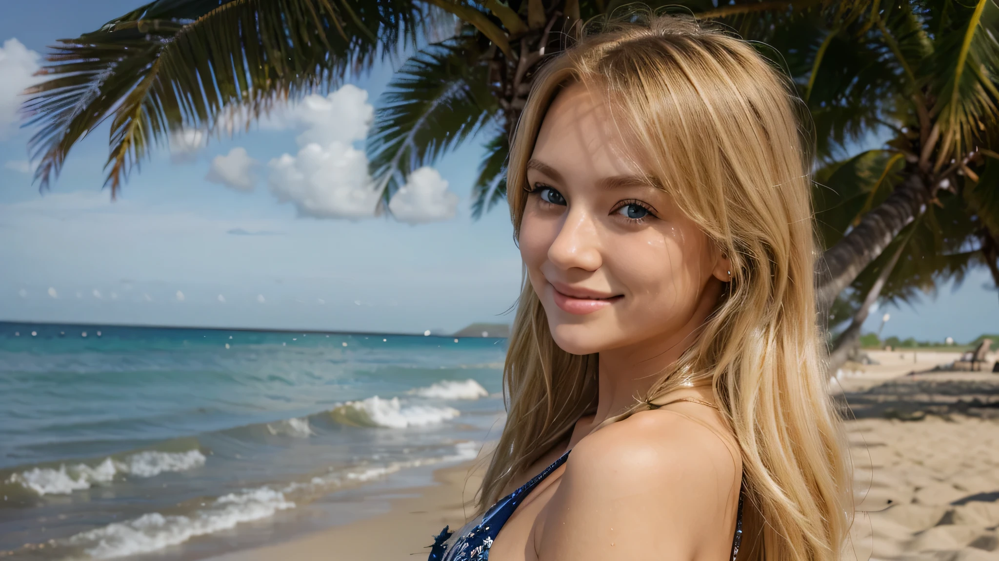 Starry night sandy beach。She is a very beautiful girl with shiny blonde hair and beautiful green eyes.。turning to me and smiling。