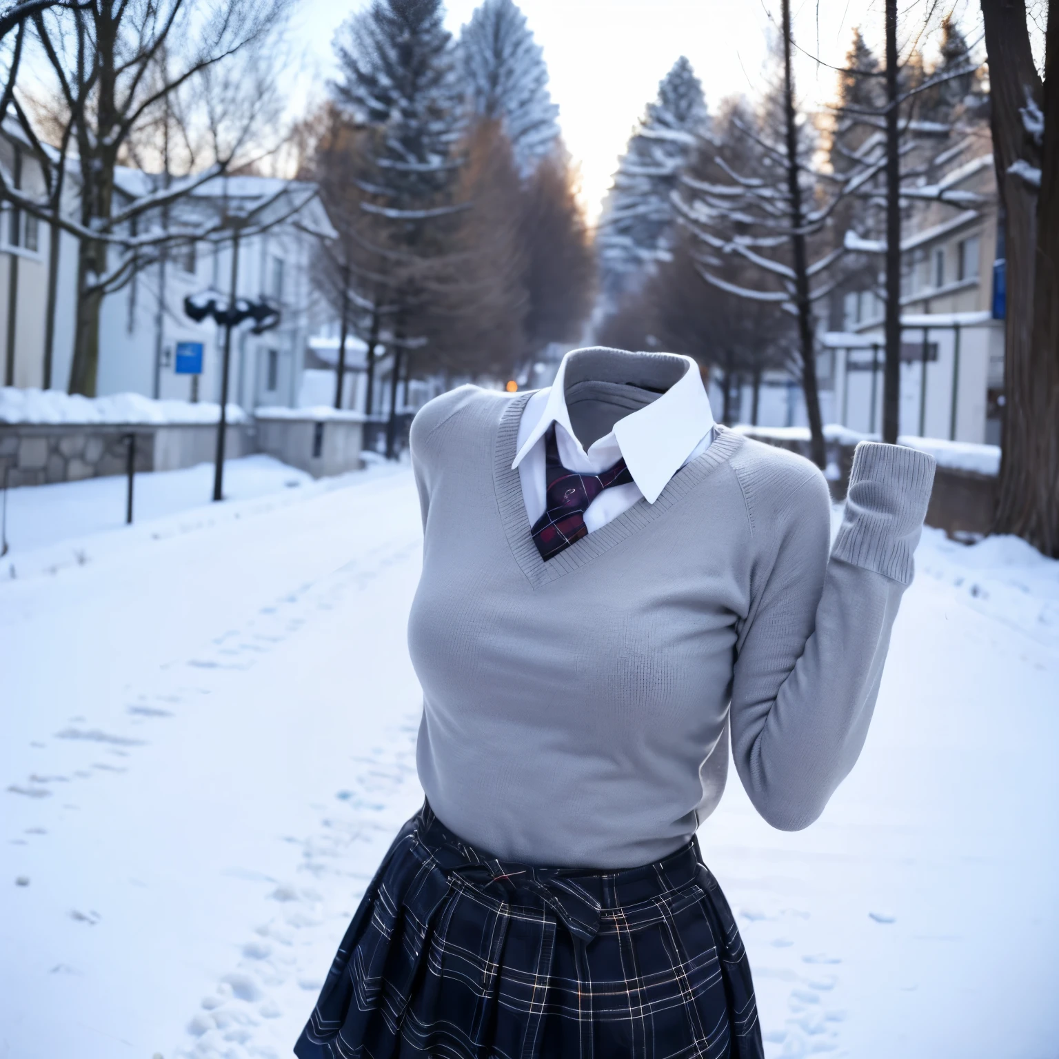 sweater, school uniform, in winter, stripe tie, plaid skirt, (invisible, no humans, headless, faceless:1.5), cute big breasts