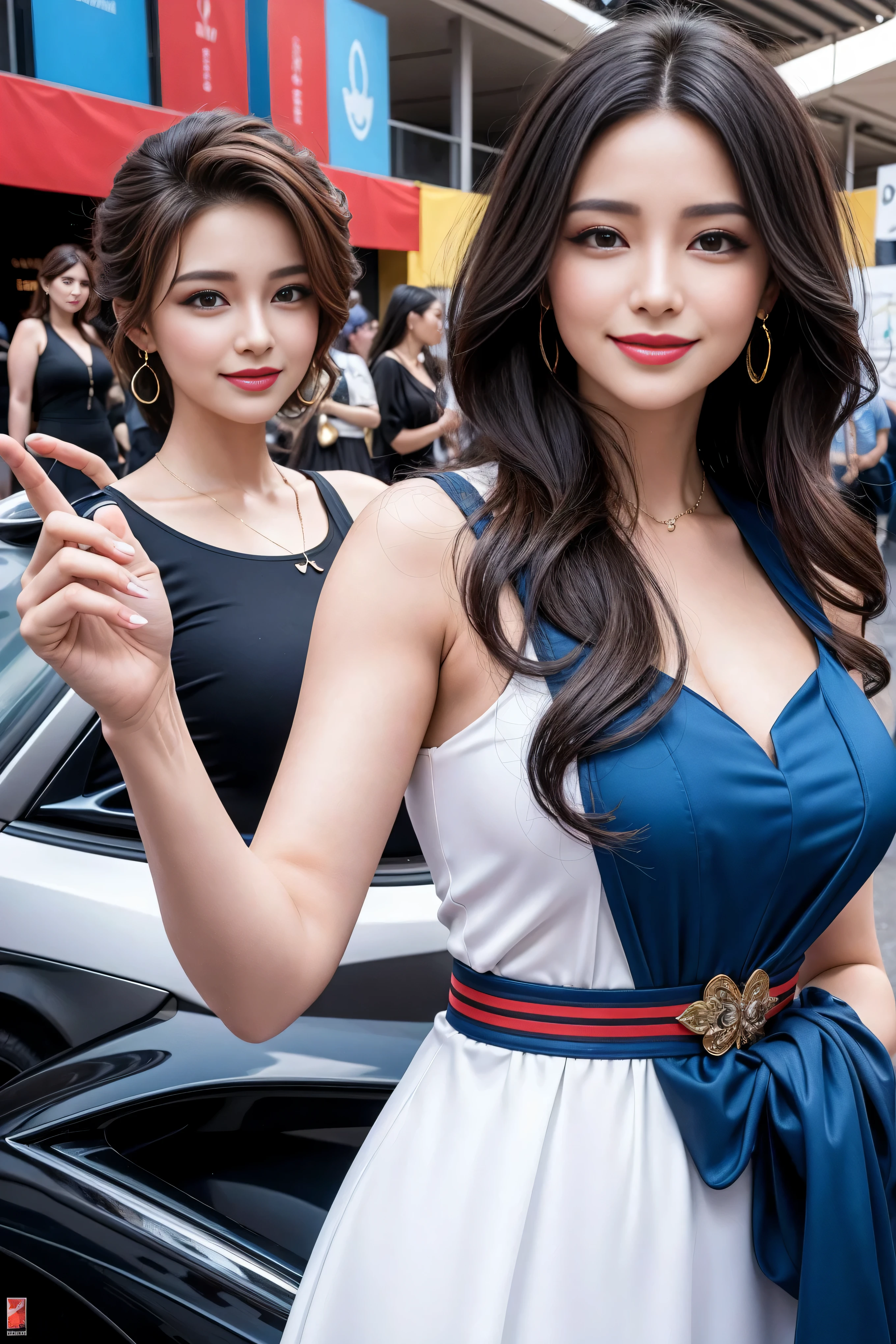 Mature beauty VN03, 1 charming, (Smile:1.2) stunning beautiful wife, 20 years、 High_Fashion, designer dress, Wear the car_Fashion, 2 beautiful adults posing for a photo, Fashion秀, game_north african trade zone, angry, crazy, dark red eyes, Laterally divided hair, short hair, Long curly hair, catwalk \(aisle\), , colorful, bright colors, body proportions，On the red carpet at the car show, best quality, absurd, best quality, stunning details, 8k, Aesthetic,