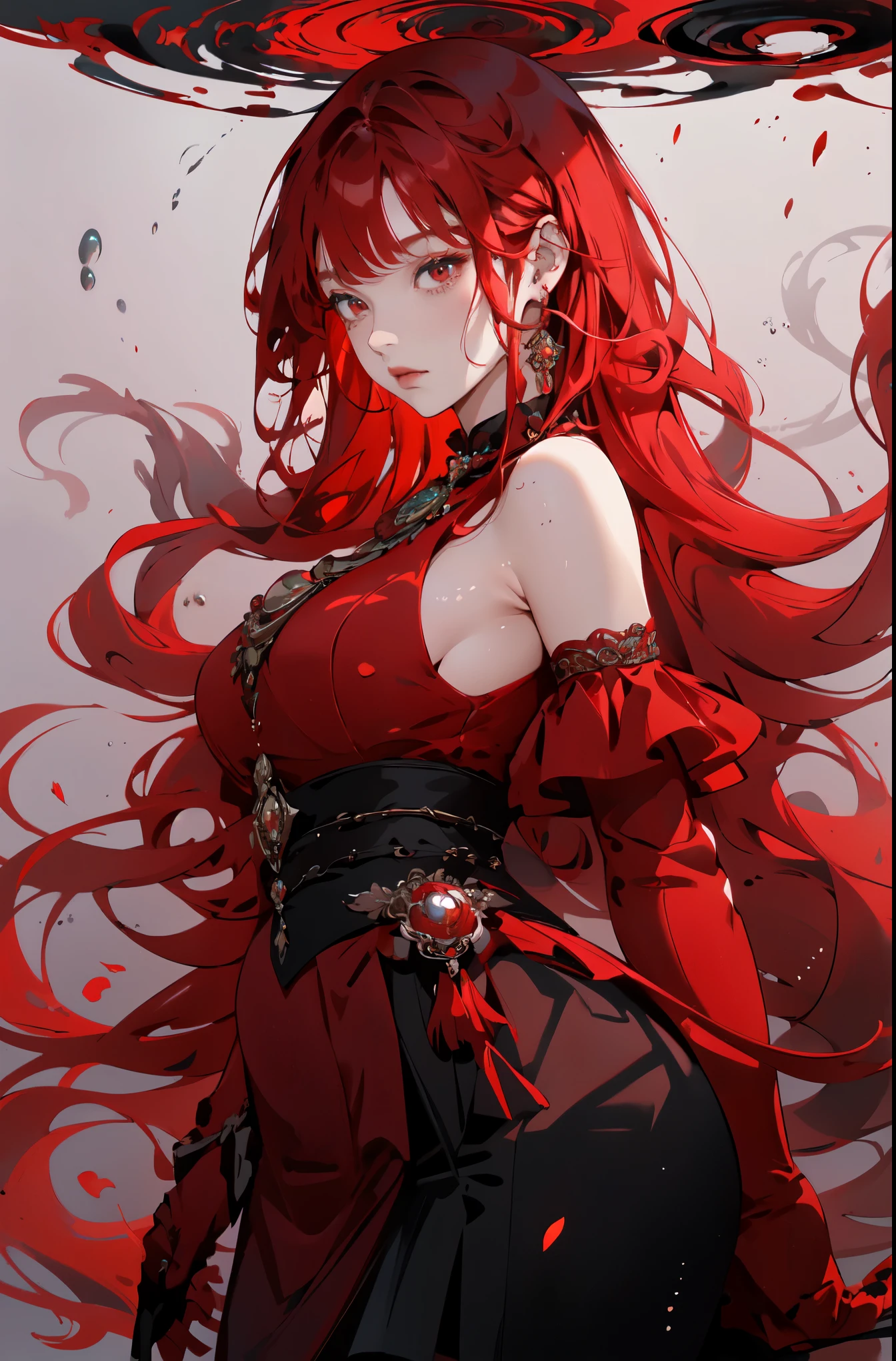 1 lady only, /(skirt/), /(Red hair/) Bangs, Strong expression，indifferent，Long red wavy hair，red eyes，mermaid lady，Upper body close-up，Exquisite，dynamic poses, (Masterpiece best quality:1.2) Exquisite插画超详细, Big breastsBREAK ，The underwater world