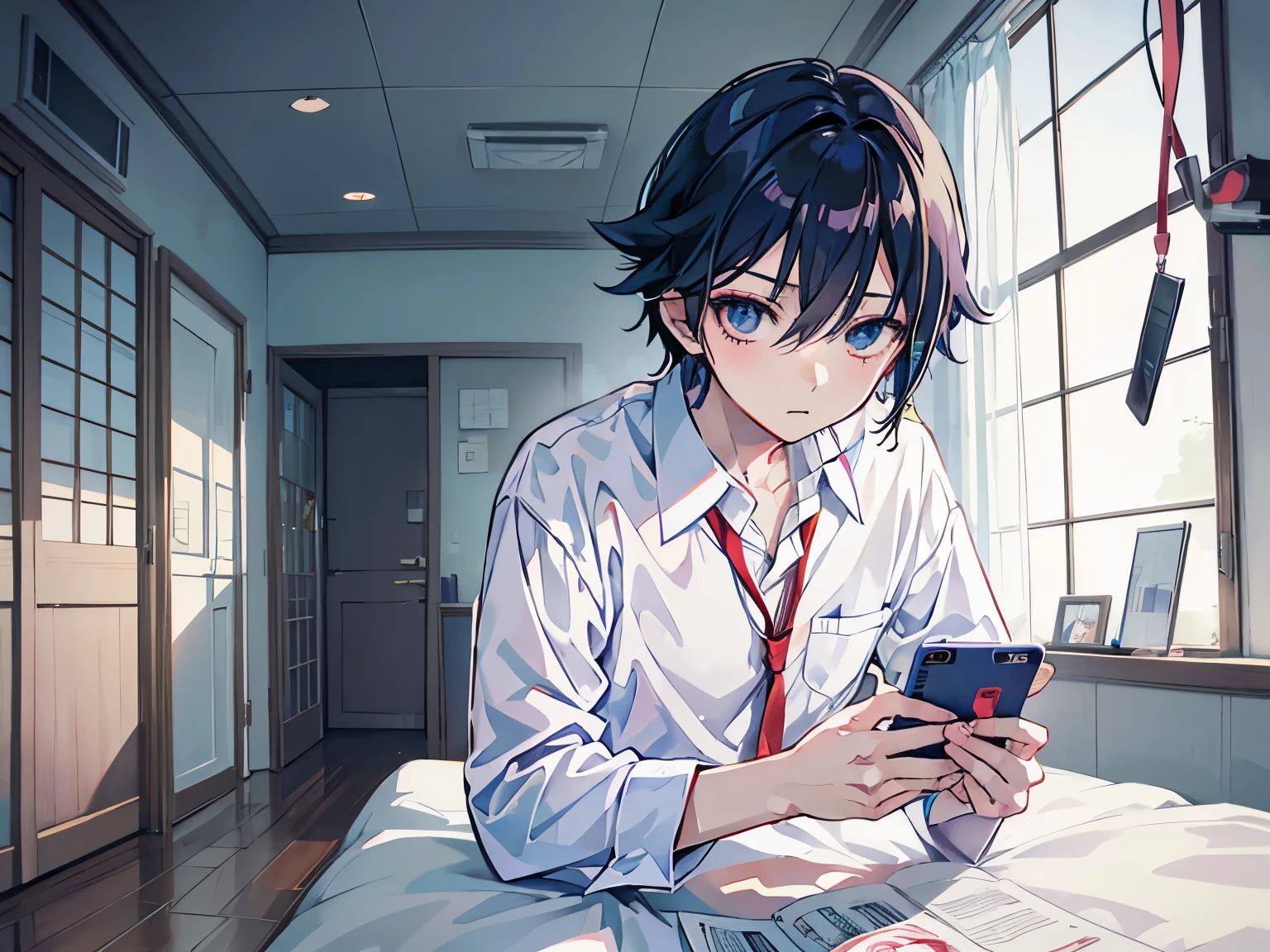 anime boy in white shirt looking at cell phone in room, gapmoe yandere, mamoru hosoda, inspired by Un'ichi Hiratsuka, inspired by Okumura Togyu, as an anime character, okata kazuto, okabe rintarou, kentaro, aramaki shinji, yuyushiki