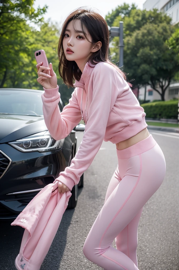 Wearing pink tracksuits、Araf woman holding mobile phone, a portrait inspired by Cheng Jiasui, CG social trends, outdoor, tights, Cute girl in costume, Wear tight, simple clothes, tights, pink body, smooth pink skin, Photo of slim girl model, Korean female fashion model, Gorgeous Chinese model, pink girl, sha xi