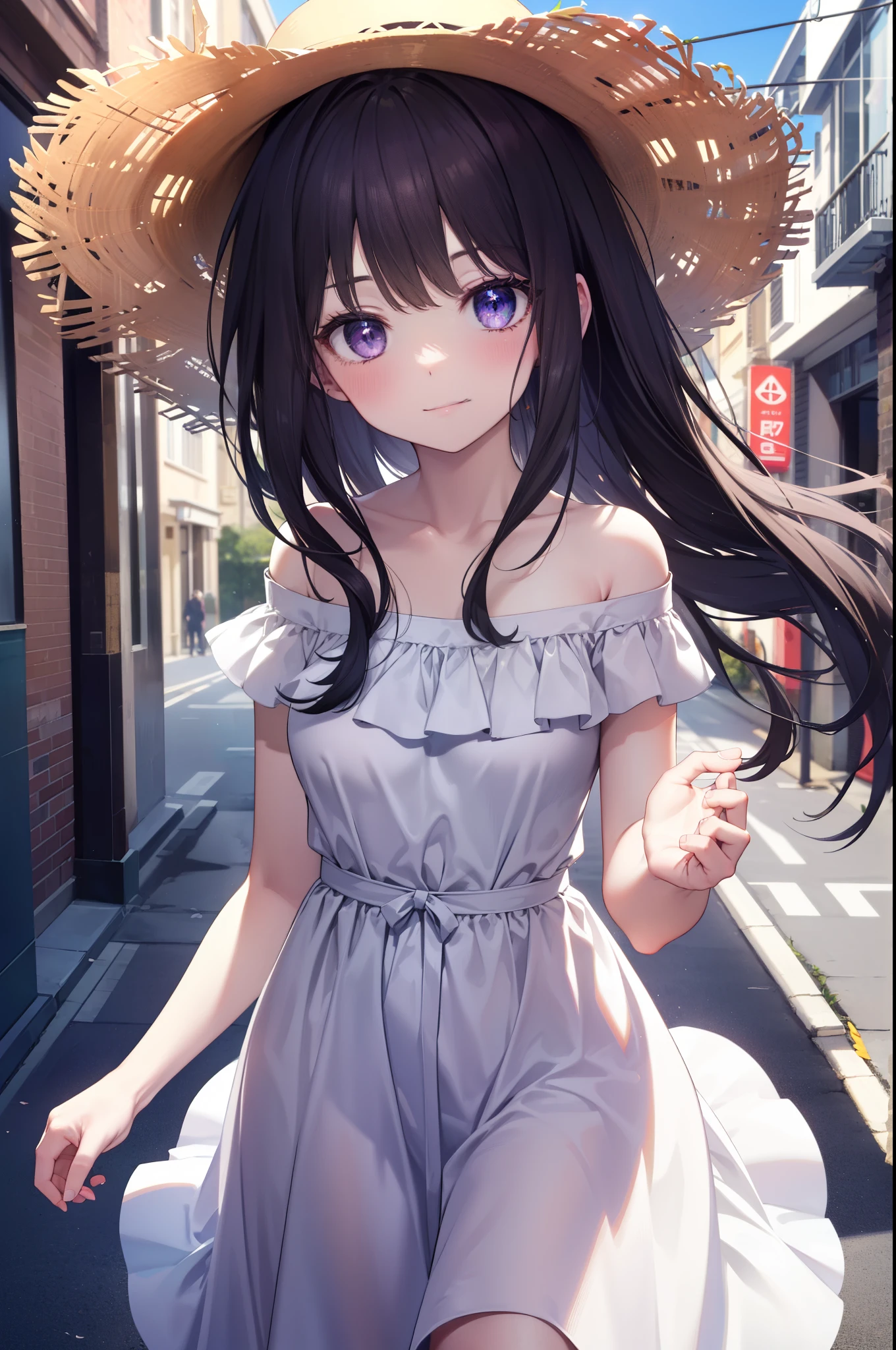 (masterpiece), Highest quality, One Girl, , cute, Flat Chest, Black Hair, Very long hair, She is looking towards the viewer, She is wearing a bright red leather collar., The collar has a lead attached, The lead is in the man's hand.,
She is wearing a white mini dress, Pure white clothes, Clothes without collars, The dress is sleeveless, exposing her bare shoulders and collarbones., The material of her clothes is very thin, The dress is see-through, The naked body is clearly visible, Her nipples are pressed against the fabric of her dress, Erect nipples, Nipples are visible, Almost naked,
Not wearing a skirt, Not wearing a bra, Not wearing panties, The hem of the dress is very short, The lower half is naked, She is exposing her waist, her belly button is visible, her pussy is visible, She purposely shows off her pussy, The crotch line is visible through the fabric, she has no pubic hair, Show me that you don't have pubic hair.,
She stands with her legs spread, Open your knees, Wearing a straw hat, She is barefoot and wearing sandals,
Very shy, blush,
She is walking around the city, Standing in a crowd, Being mindful of the surroundings, Handbags,