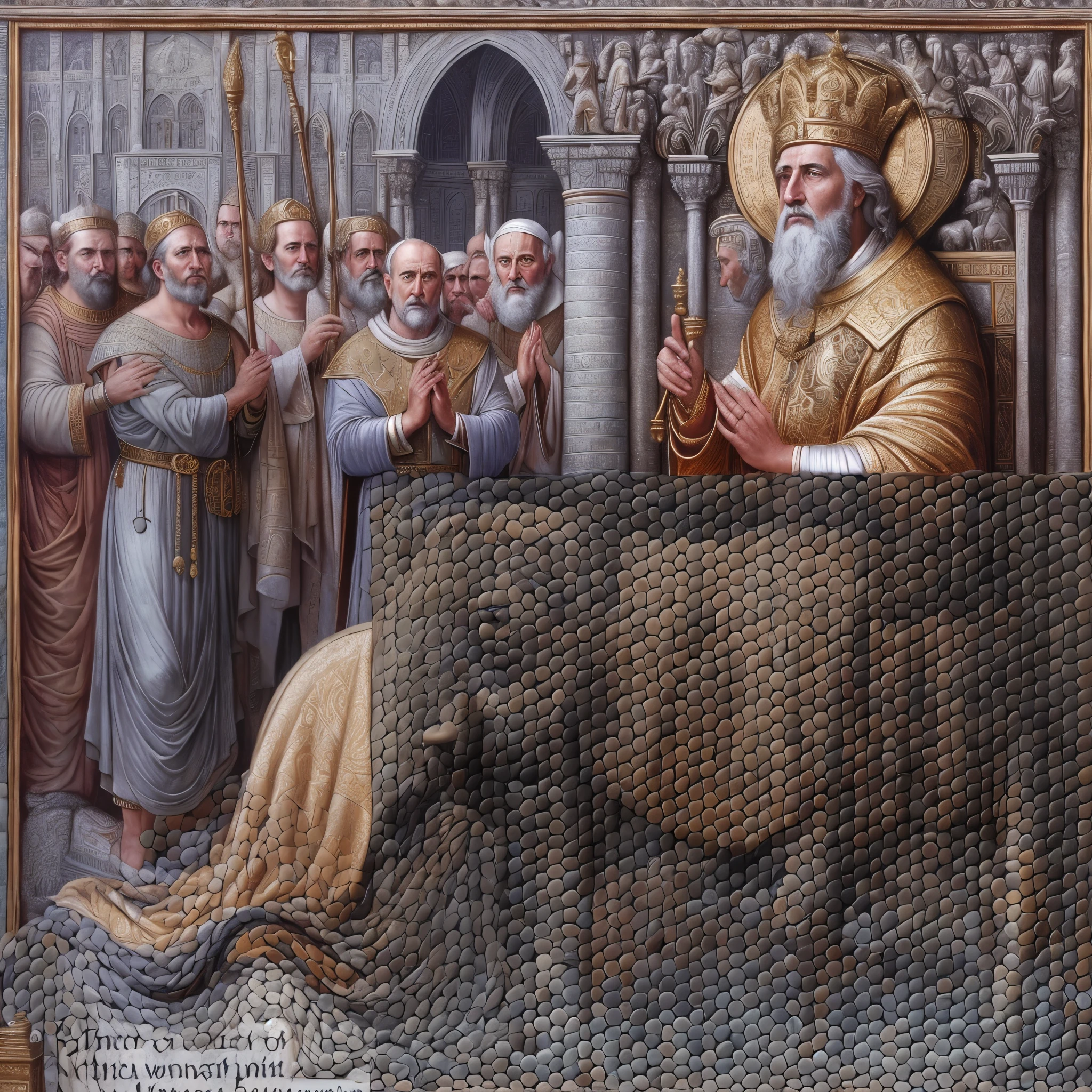 painting of a man in a golden robe standing next to a large elephant, kneeling before the pope, saint of the pit, by Kurt Wenner, inspired by Nicomachus of Thebes, inspired by Kurt Wenner, portrait of saint of the pit, by Ludwik Konarzewski, breathtaking art, by Jon Coffelt