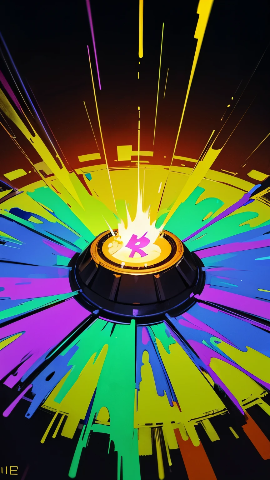 Top down view of spin fluid art painting of bitcoin symbol exploding outwards from the middle, with Dark color background and glow-in-the-dark UV paints of Green, Red and Yellow in a Ultra violet lighting environment.