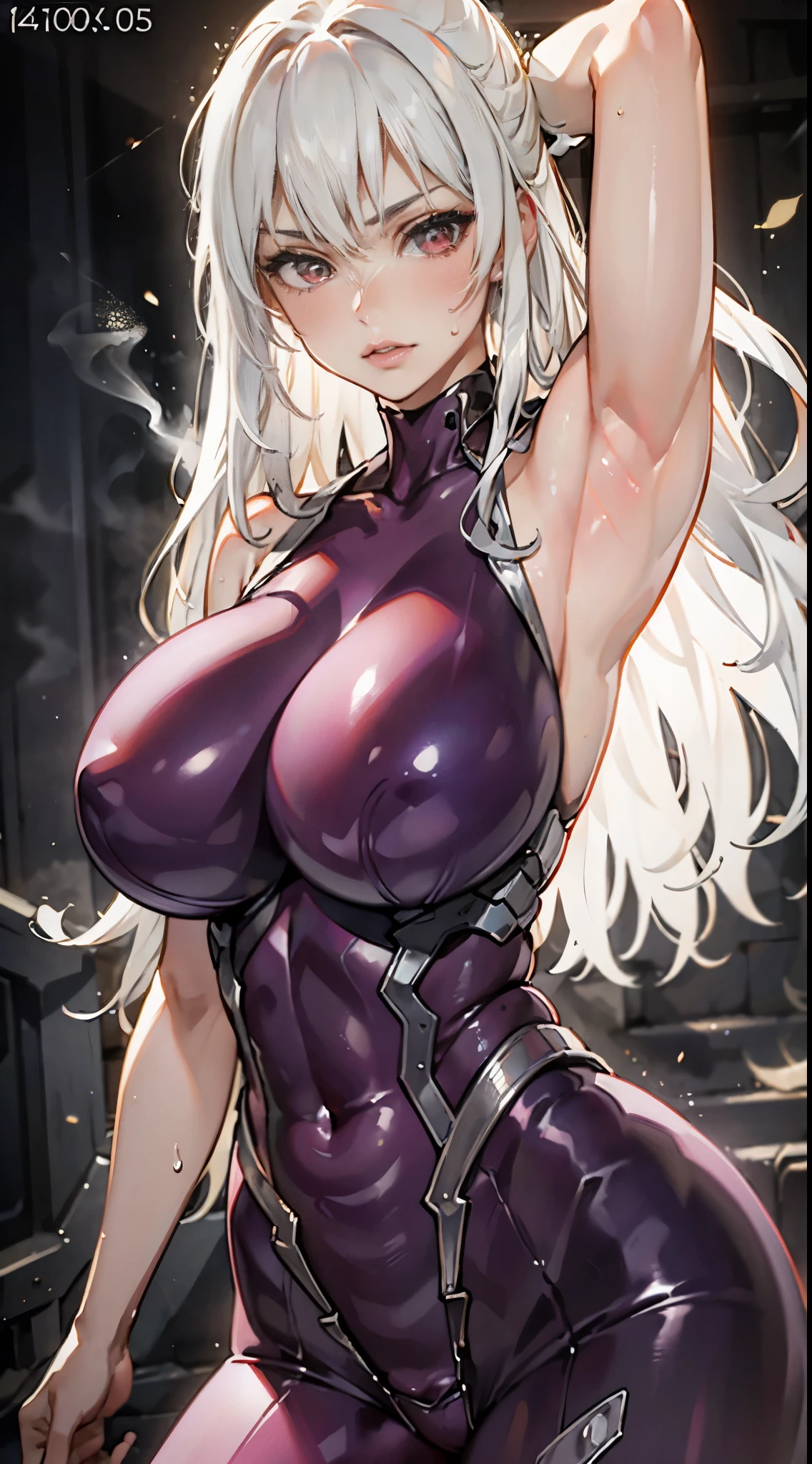 (best quality,4k,8k,highres,masterpiece:1.2),ultra-detailed,(realistic,photorealistic,photo-realistic:1.37),beautiful girl,long straight black hair,fit,
ultra-detailed armpit,beautiful detailed sweat pores,smooth skin texture,meticulously rendered,
(sleeveless purple bodysuit, glowing white linings), (steamy armpits:1.2),
white hair, red eyes,