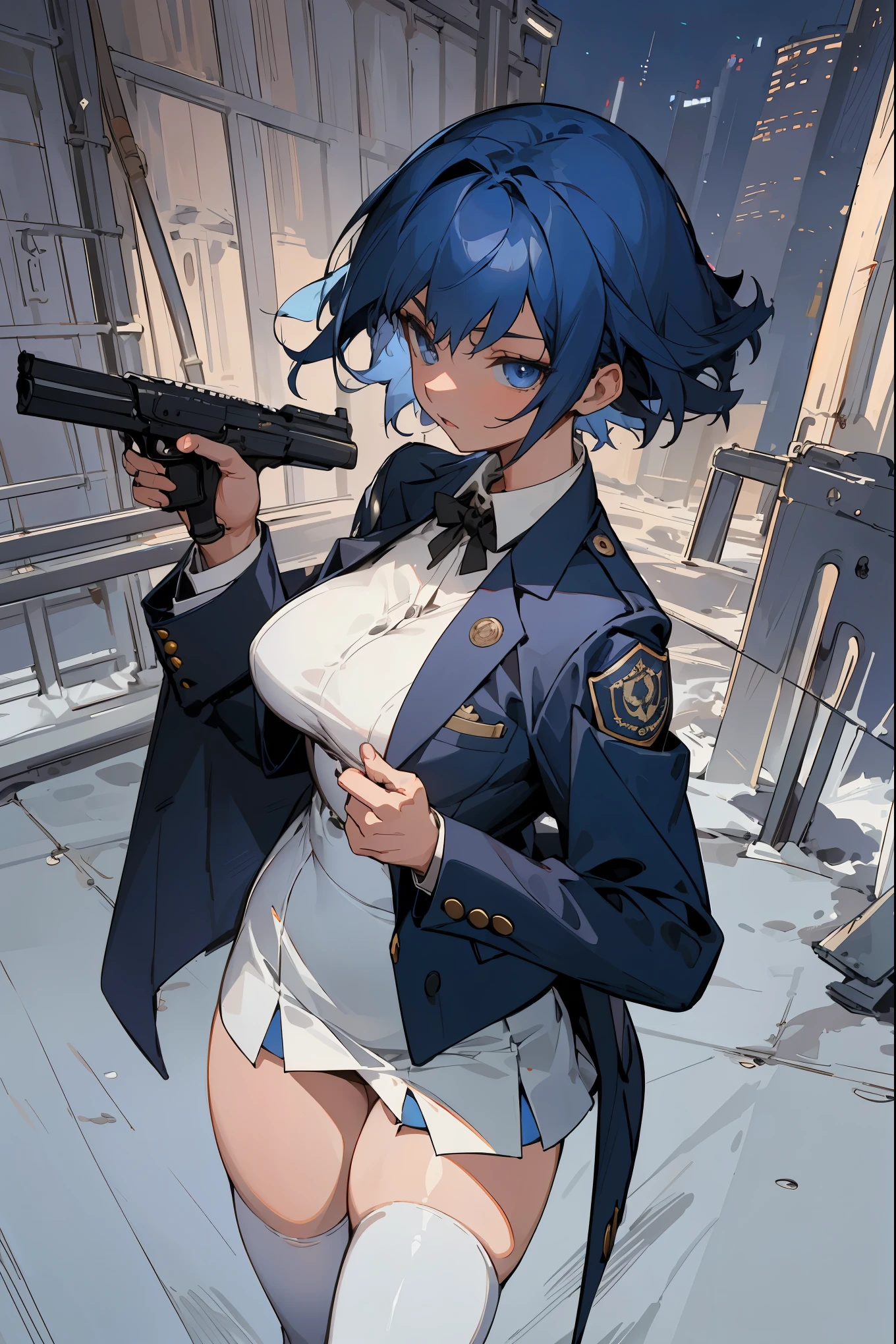 1girl, police, police uniform, policewoman, solo, gloves, breasts, thigh highs, hat, uniform, black gloves, skirt, cleavage, belt, blue hair, short hair, fingerless gloves, police hat, smile, garter straps, mole on breast, looking at the viewer, short sleeves, shirt, simple background, white background, blue shirt, mole, side slit, pencil skirt, large breasts, miniskirt, black skirt, closed mouth, cowboy shot, green eyes, blue headwear, hand up, black belt, collarbone, bangs, flat color, alternate costume, artist name, buckle, brown thigh highs, standing, belt buckle, lines, black headwear, transparent background, character name, split-mouth, medium hair, thighs, bob cut, pocket, black shirt, breast pocket, dark blue hair, buttons, head tilt green eyes