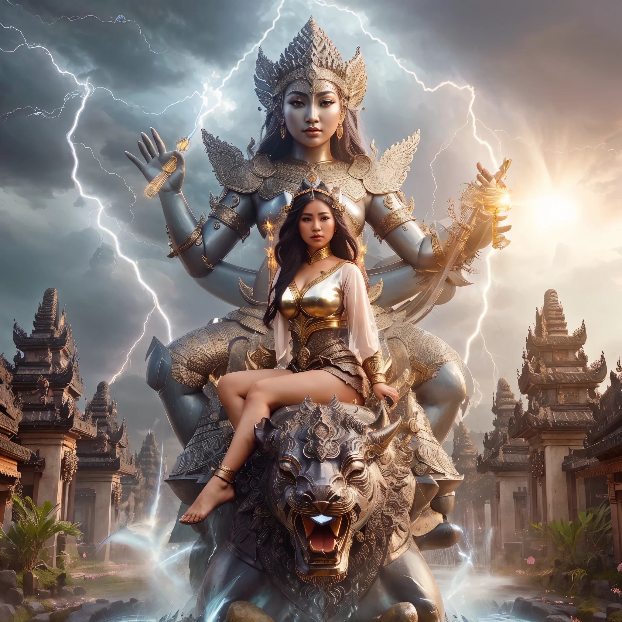 arafed woman, plump, sitting on a statue of a mythical creature, javanese mythology, goddess of lightning, fantasy art behance, evil godess, extremely detailed goddess shot, symmetrical epic fantasy art, inspired by Rudy Siswanto, by Rudy Siswanto, trending digital fantasy art, female lord of change, japanese lightning goddess, photo manipulation
