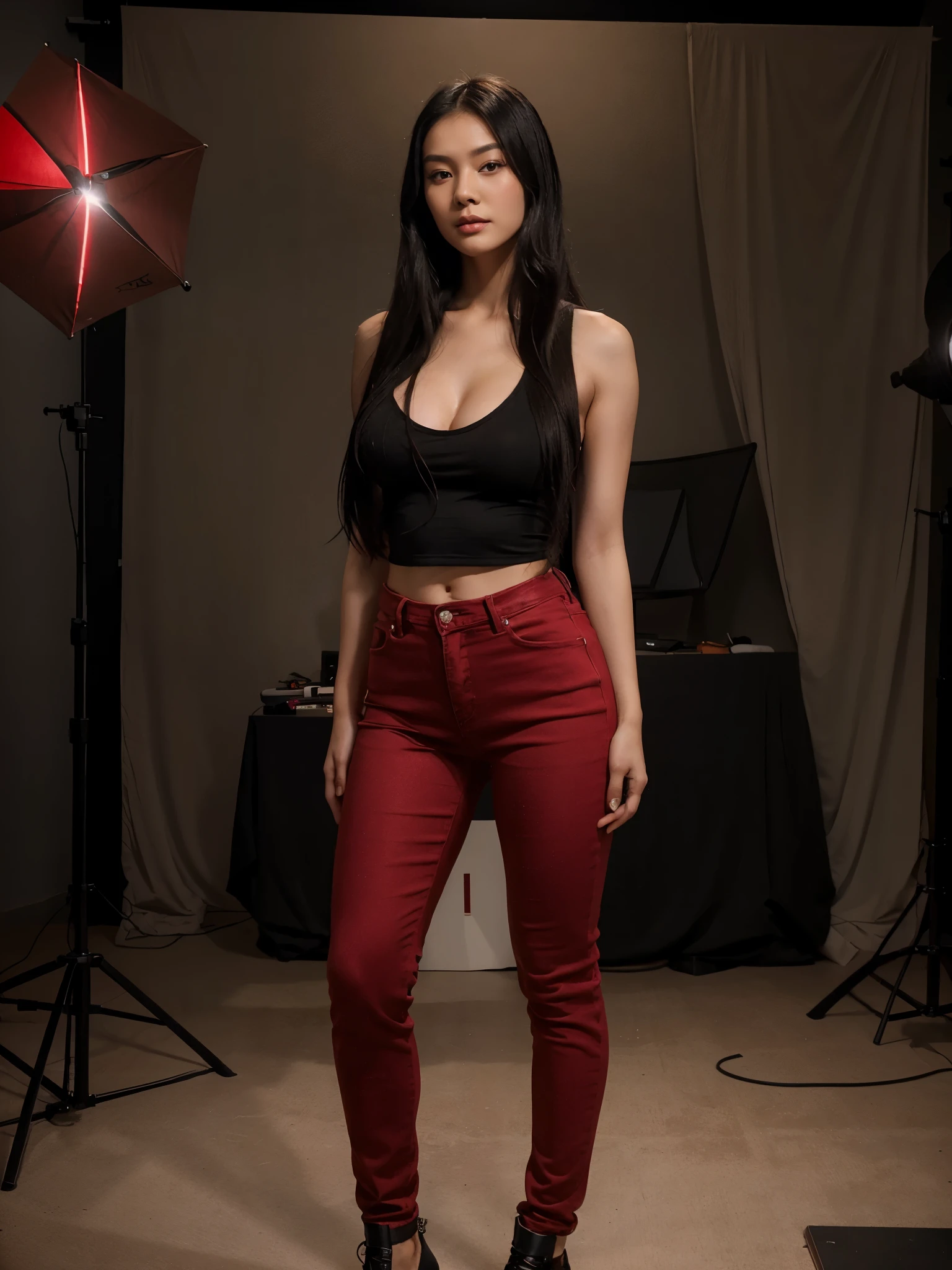 21-year-old dressed Asian woman with black long hair and a red top, black jeans, gorgeous, beautiful, full body shot, d-cup breasts, 170cm tall, in a studio posing, cinematic lighting, centered, captivating, 85mm full body portrait shot