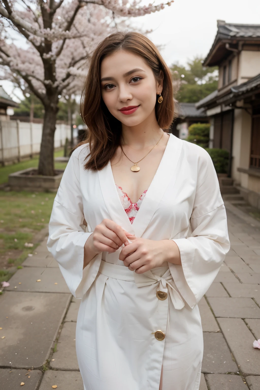 ((melhor qualidade)), ((obra de arte)), (detalhado), rosto perfeito,render,perfect makeup,egyptian eye liner,vivid red lipstick,red dust on cheeks,gold powder above eyes,shiny hair,perfect hair,red hair,big smile,extremely happy,necklace,japanese kimono,floral kimono,natural light,hanami,sakura trees,sakura petals falling,pink petals,fullbody view