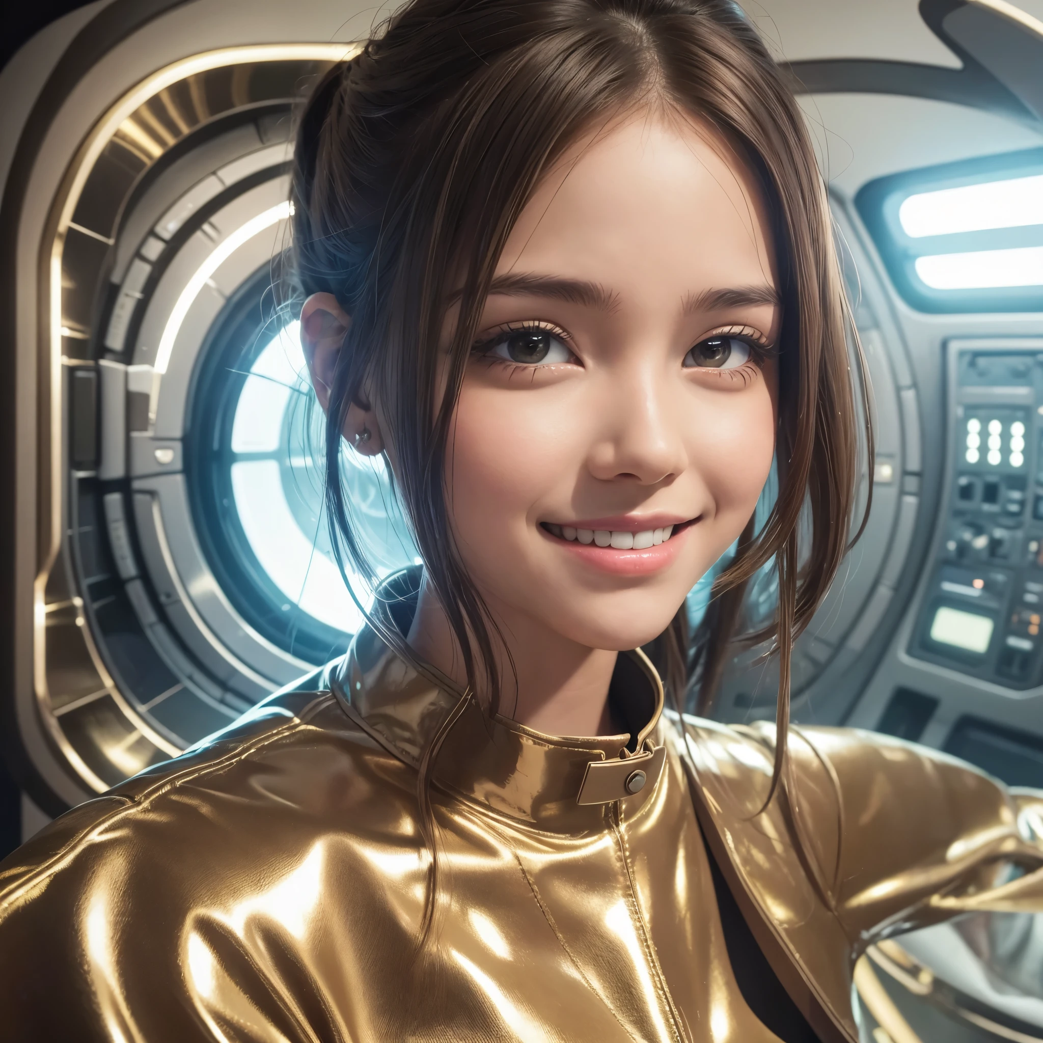 girl, solo, smile, light brown hair, metallic clothes, Inside the spaceship