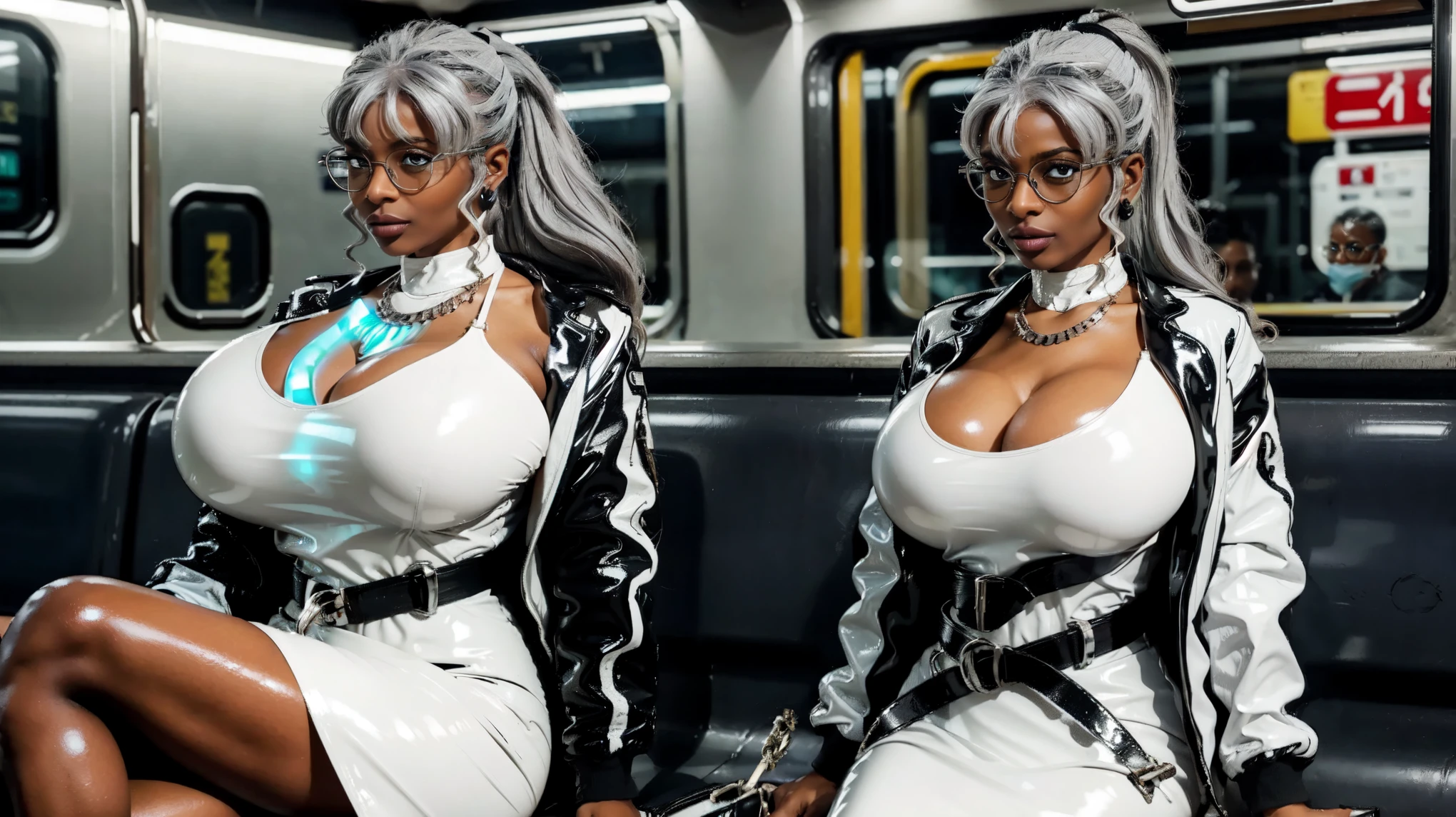 1GIRL GREY HAIR, PONYTAIL, DARK SKIN, GLASSES, EARRINGS, WHITE latex DRESS, NECKLACE, black BELT, BLACK latex JACKET, big breast, sitting in the subway