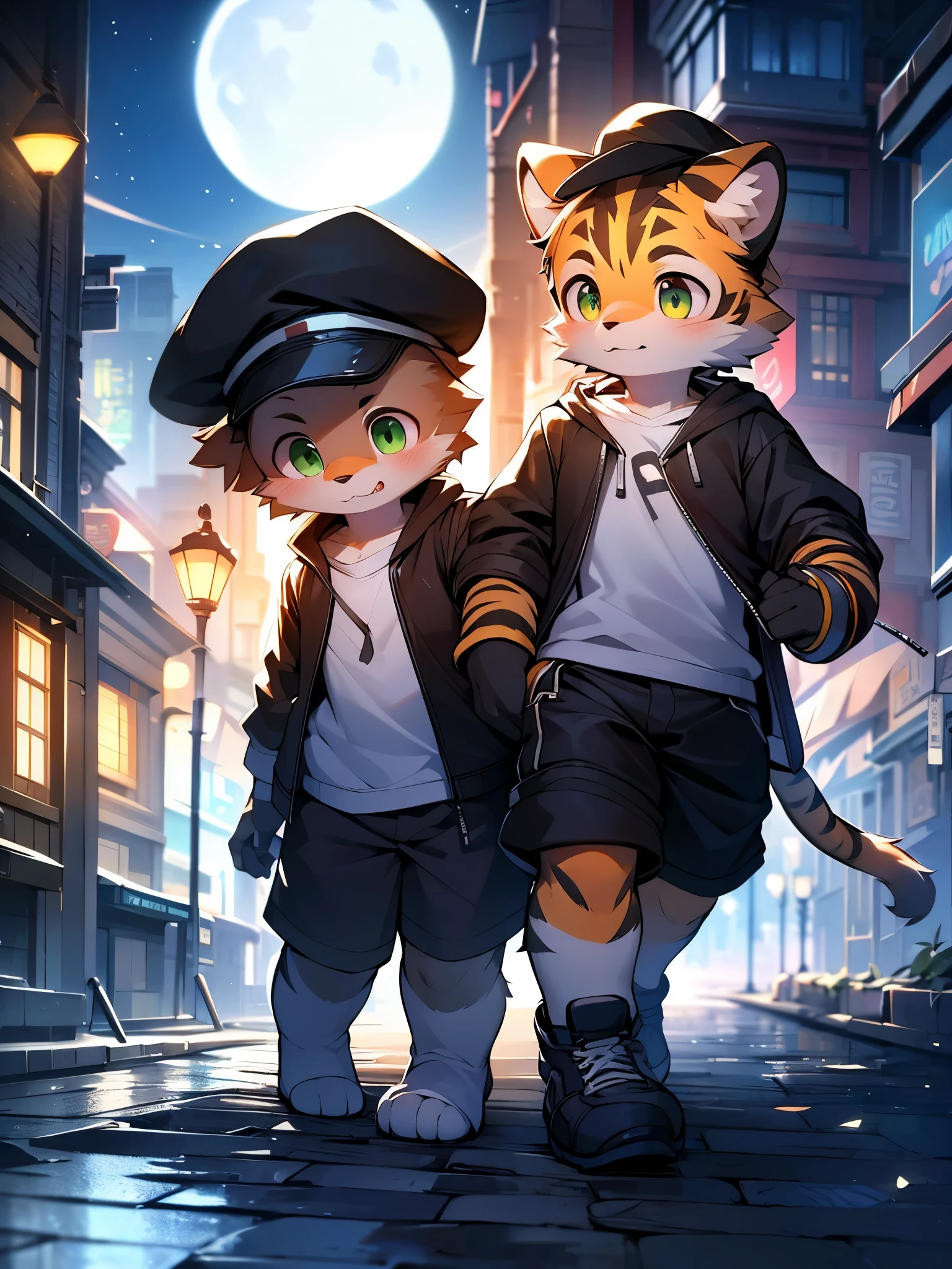 A tiger and a dog, s, big green eyes, cute, anxious expression, duckbill cap, white shirt, black coat, black shorts, white stockings, blue sneakers, white gloves, running on the street, sweating, night, bright moon, dim street lights, Rembrandt light and shadow, fine body portrayal, correct hand portrayal, perfect details, octane rendering, ultra fine, 4K ultra clear