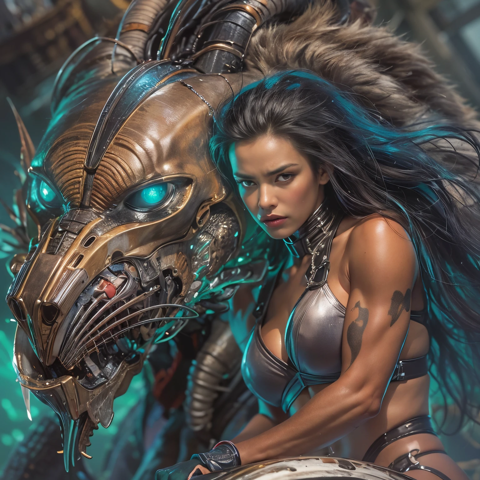 1 female alien, The predator, warrior, (extremely beautiful:1.2), (intense gaze:1.6), (predator:1.6), long dark claws, NSFW, nipples, thick eyebrows, glowing and shining blue eyes, the most beautiful face in the universe, ((There is a female genital-like organ in the middle of her forehead:1.1)),
A woman with an extremely beautiful face, her intense gaze fixed on her prey, a primal force that could not be denied.
(extreamly beautiful lean body:1.5), (ultra muscular build:1.2), (prowling:1.3), (sleek movements:1.4),
Her beautiful body, muscular and toned, moved with sleek grace as she prowled, ready to strike at a moment's notice. The predator within her was always on