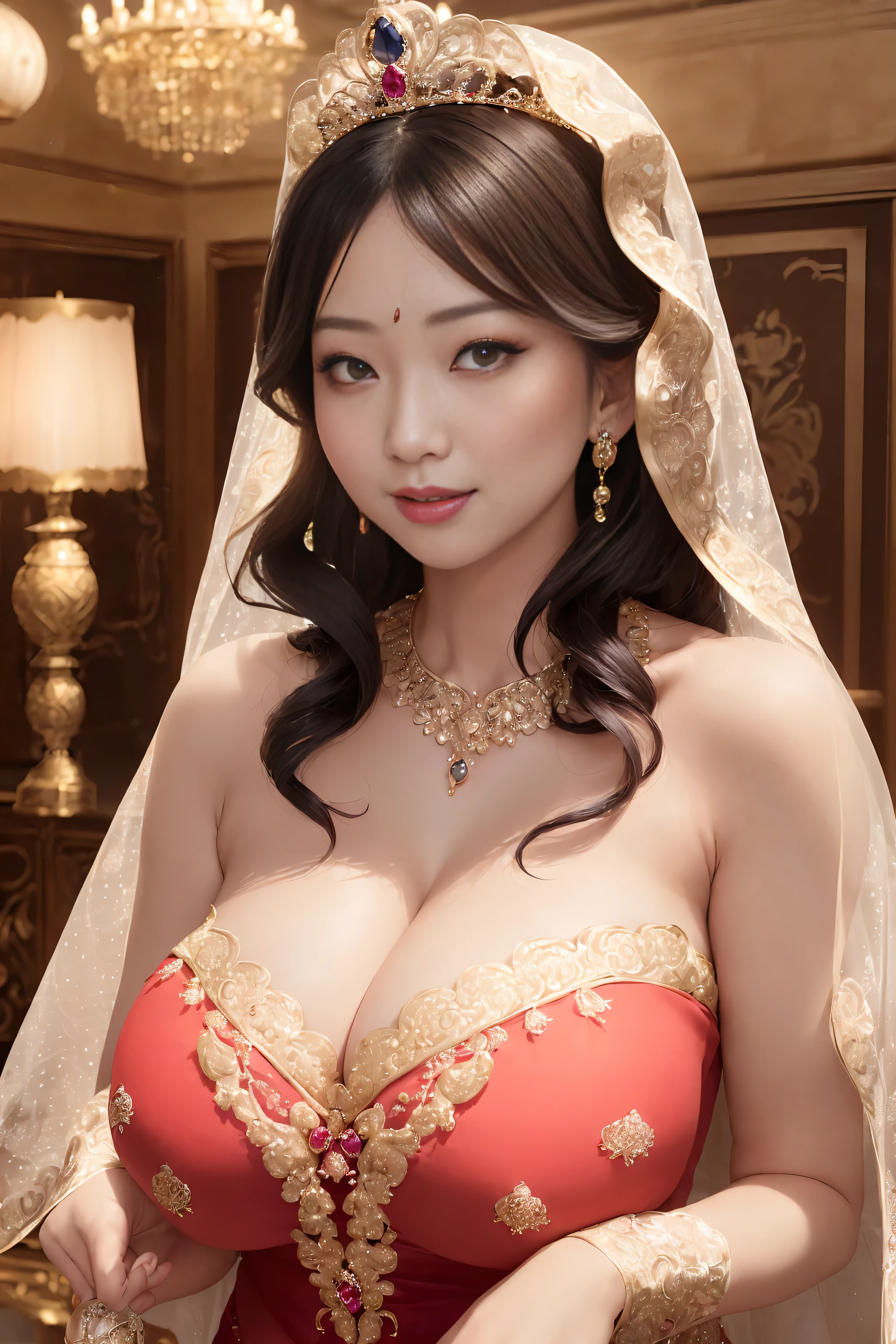 Beautiful Asian Women、MILF、beautiful feminine beauty、(Huge breasts:1.2)、wearing a gorgeous veil、(Wearing a sexy gorgeous rococo princess ball gown:1.2)、Wear voluminous full-length pieces adorned with embroidery and jewels、Wearing gorgeous gemstone jewelry、She is wearing a luxurious tiara decorated with jewels、Blushing cheeks、With a bewitching smile、Open the crotch、Showing cleavage, Looking at Viewer, She is very sexy.