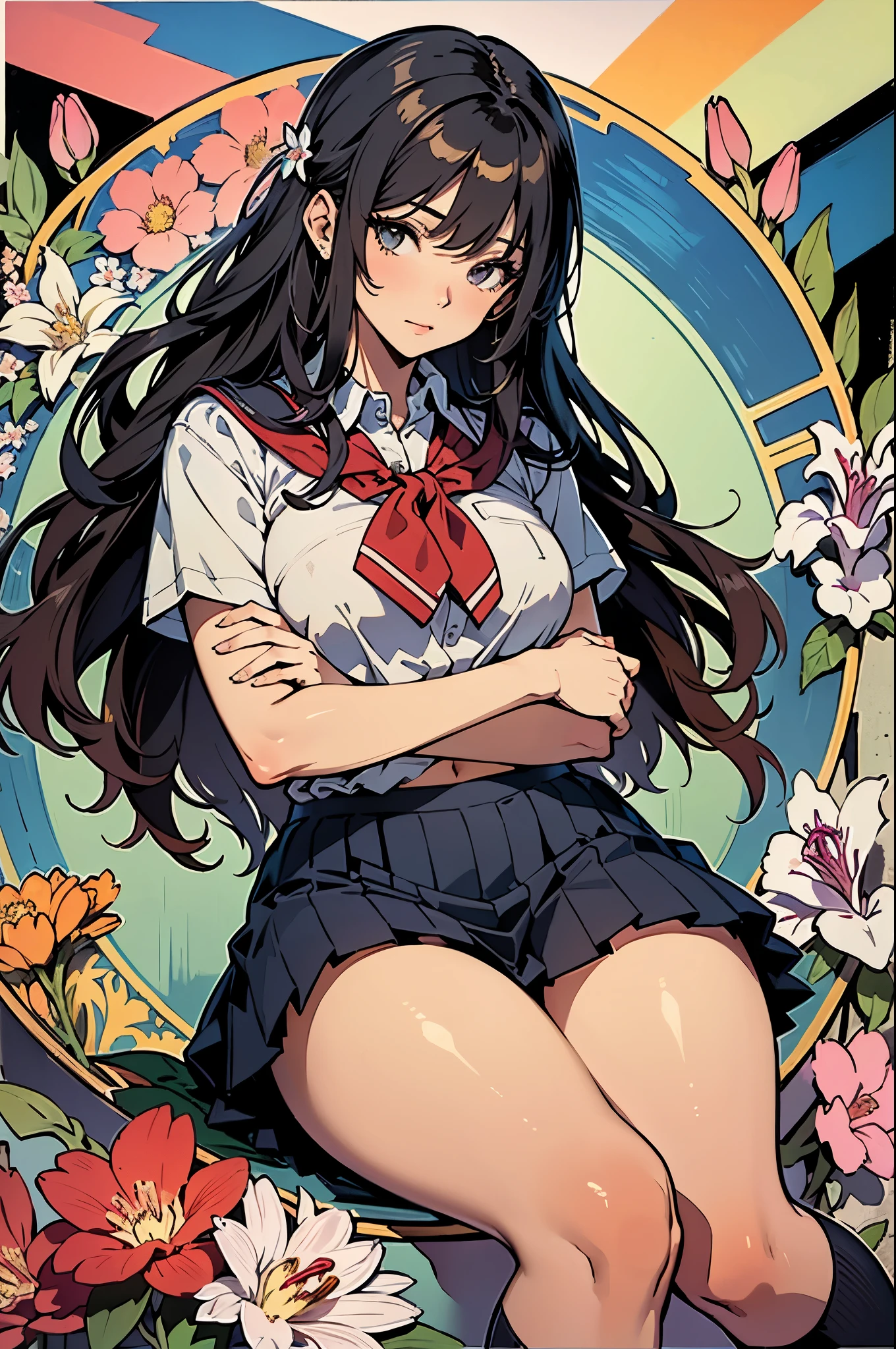 anime art,(by mucha:1.2),((art deco,Botanical Art,Floral Art)),(floral:1.2),lily flower,
(masterpiece, highest quality),(vibrant colors,colorful),(amazing details,detailed background),anatomically correct,Accurate drawing,Detailed drawing,high-class sense,
lie down girls hugging:1.5,woman,
(School uniform:1.5),
(Unruly hair:1.5,voluminous hair),(breasts:1.2),(thighs:1.2),navel:1.2,