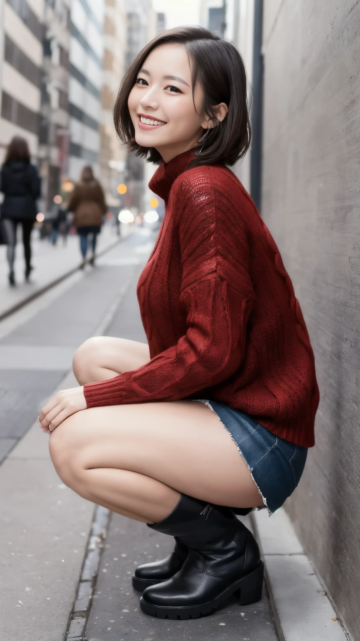 Photo taken by a professional photographer，laughter:1.5，Close-up of a 25-year-old Japanese woman squatting on the sidewalk, wearing a sweater, short cut brown hair, hair is disheveled，young and cute girl, wear a miniskirt:1.5，Wear stylish boots，Fancy makeup with red eyeshadow，Beautiful thighs are visible，squatting facing forward，