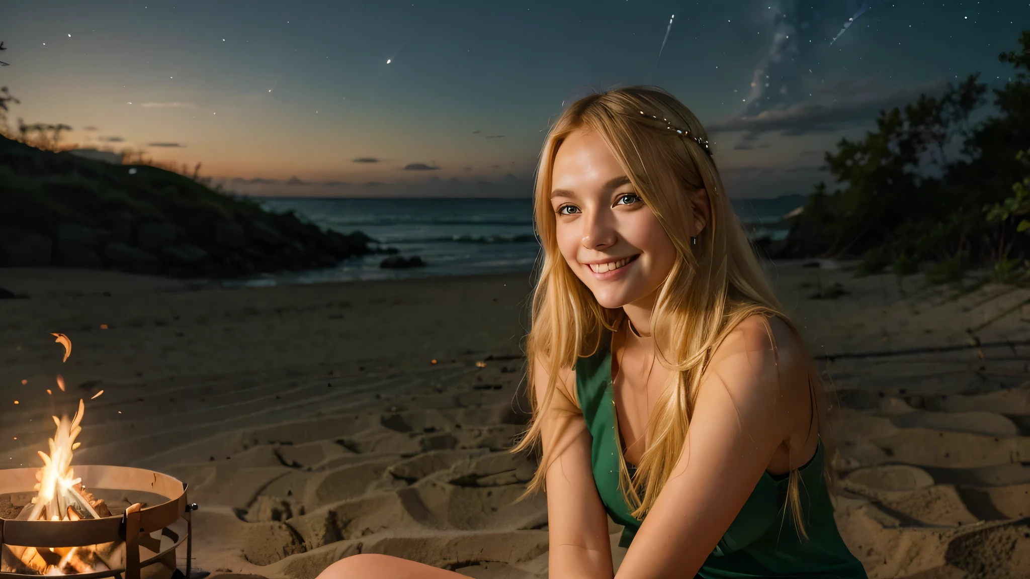Sandy beach on a dark night illuminated by stars。A super beautiful girl with shiny blonde hair and beautiful green eyes.。He is sitting, look at me and smile.。
