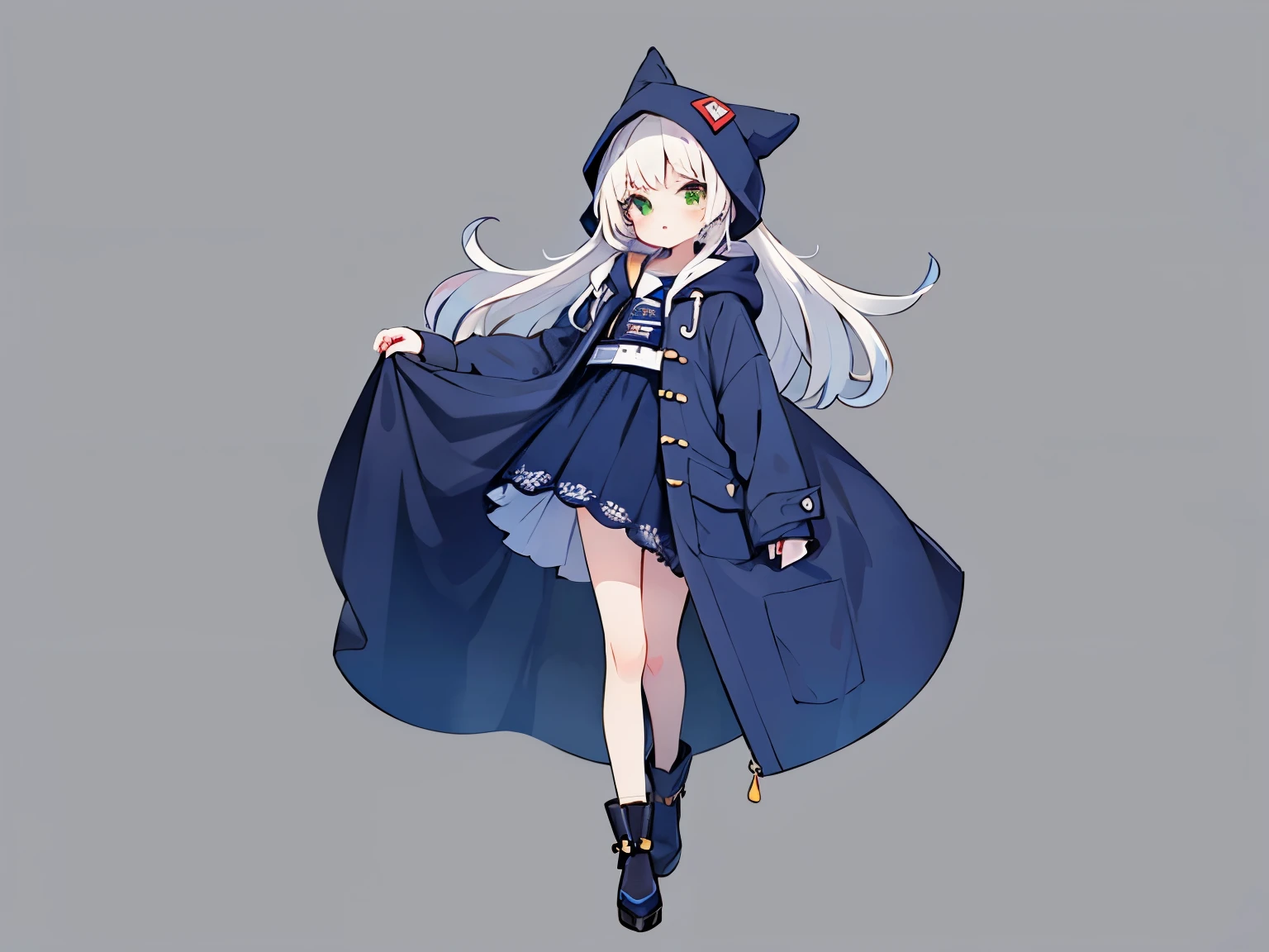 simple background, shota, boy, green eyes, standing, toe, white hair, indigo coat, indigo hood up, full body, (solo), anime, masterpiece, high quality, high-details, best quality
