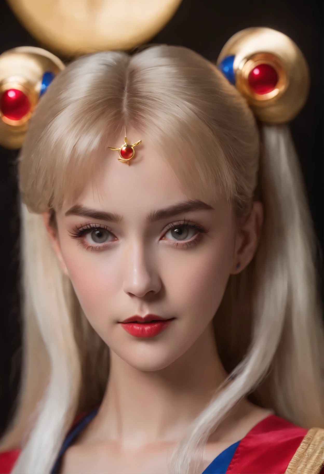 A professional realistic photo of Sailor Moon close up, full face and solid black background, front facing pose