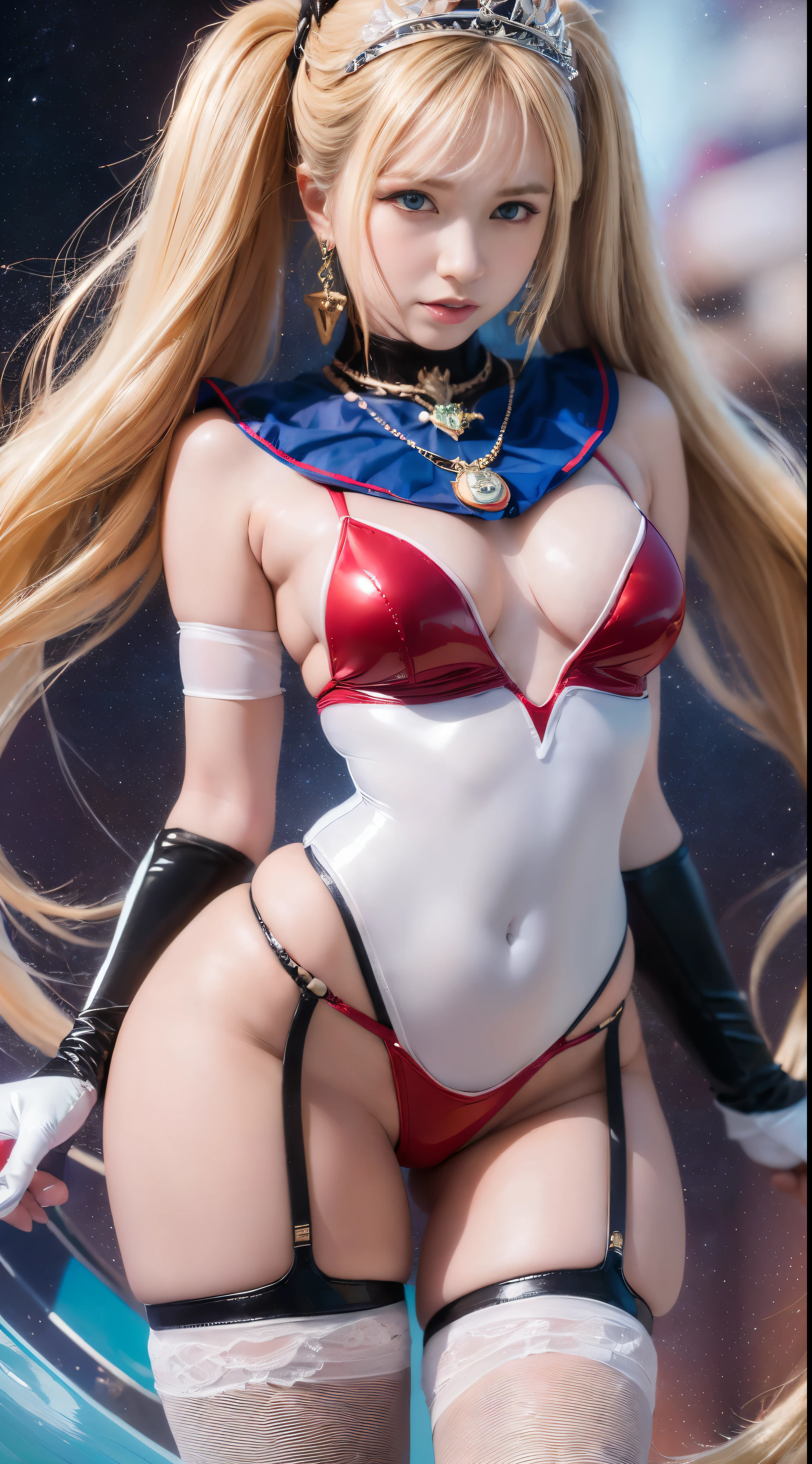 NSFW,table top、full:1.3、stand、8k、。.3D、realistic、super micro photography、highest quality、Highly detailed CG unity 8k wallpapers、from below、intricate details、(1 female)、28 years old、(sailor moon:1.6 Super Bishoujo Senshi sailor moon Mer1、Nether Warm Wind,land、sailor warrior uniform Sailor:1.5、sailor moon:1.5,Eternal sailor moon)、(Incredibly long and bright blonde pigtails:1.4、thin and very long straight twin tail blonde, bun hair、bun hair用の赤い丸い髪飾り)、((sailor warrior uniform、sailor color,pray miniskirt:1.5、Glossy pleated mini skirt:1.3、big red ribbon on the chest,,,,,、white long latex gloves,red gloves on the elbows、A gorgeous golden tiara on the forehead、ear nipple rings,Gorgeous Golden Jewels))、Extremely thin and fitted high gloss white holographic leather、High-gloss white latex high-leg swimsuit that shines like oil,(facial details:1.5、bright blue eyes、Beautifull expression、beautidfull eyes、Iris overview, shining eyes、thin唇:1.5、thin and sharp pale eyebrows,、long and thick eyelashes、double eyelashes、thin, thin and muscular,,,、small face、tall and big breasts、perfect proportions、big breasts thin waist、sexy model posing、dynamic pose,visible pores、enchanting smile、perfect hands:1.5、octane rendering、very dramatic picture、(moonの神性,space background、moon明かりの光線、moon、dynamic background、exquisite light and shadow、dynamic angle、detailed background),strong natural light、sunlight、Digital single-lens reflex camera、sharp focus: 1.0、maximum clarity and sharpness