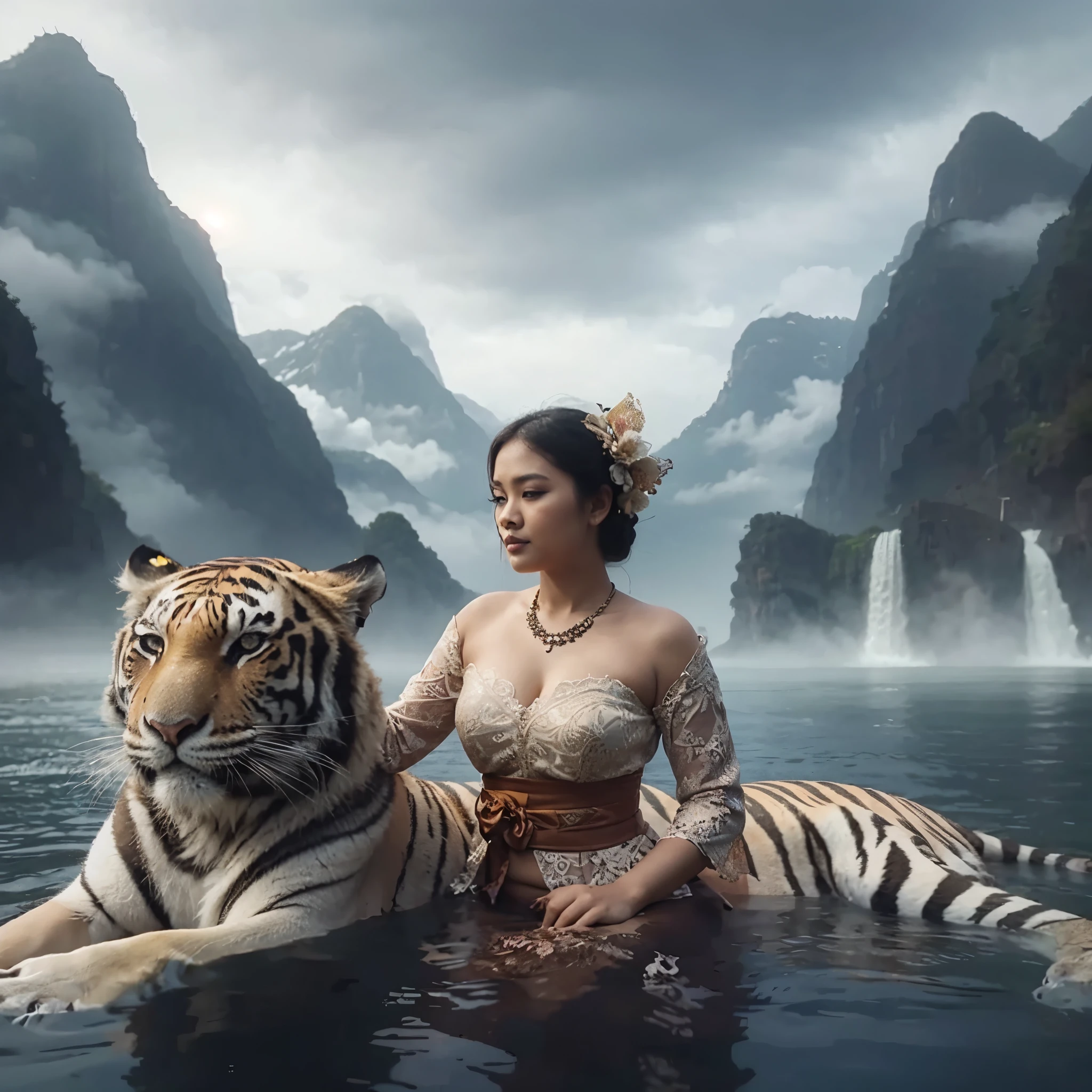 Indonesian woman, plump, wearing a kebaya, with a tiger