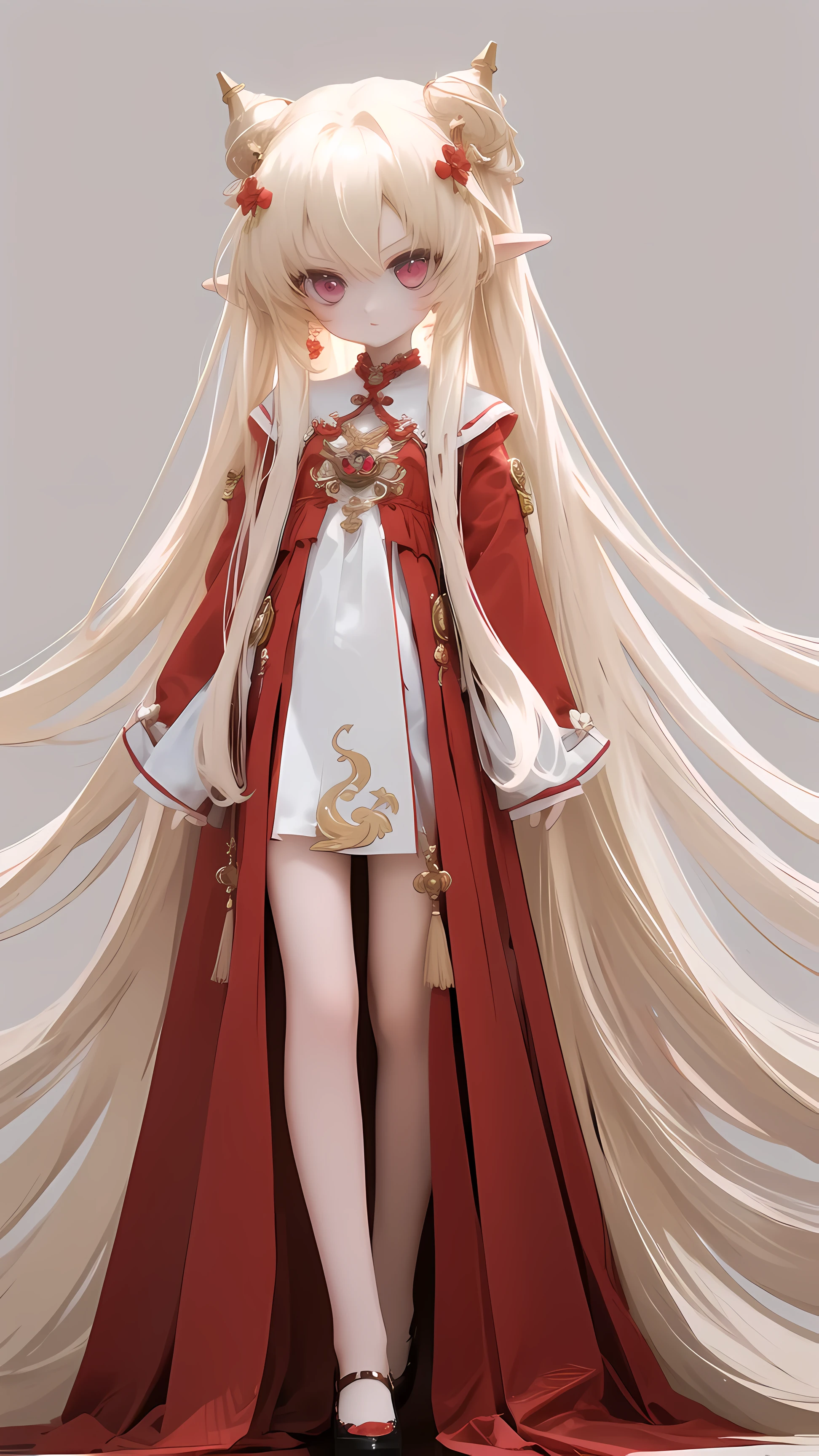 (very long hair, hair longer than body, Hair hanging down, uncut hair), (standing, full length, Direct view), (portrait, whole body, legs are not cut off), (Looking at the camera, bowed head), standing в пустоте, dressed in red Chinese dress, A high resolution, Masterpiece, Bright eyes,
