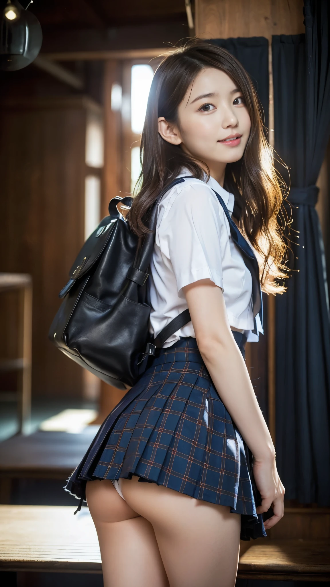 Stand in the classroom of school２robber girl,white uniform with red tie,dark blue closed blazer,Very short blue plaid miniskirt:1.2,18-year-old,bangs,a little smile,thighs,knees,from below，random pose，pretty girl，slender girl，white panties，Short-cut blonde，short side waves，carrying a black backpack、buttocks are exposed a lot、buttocks half exposed、